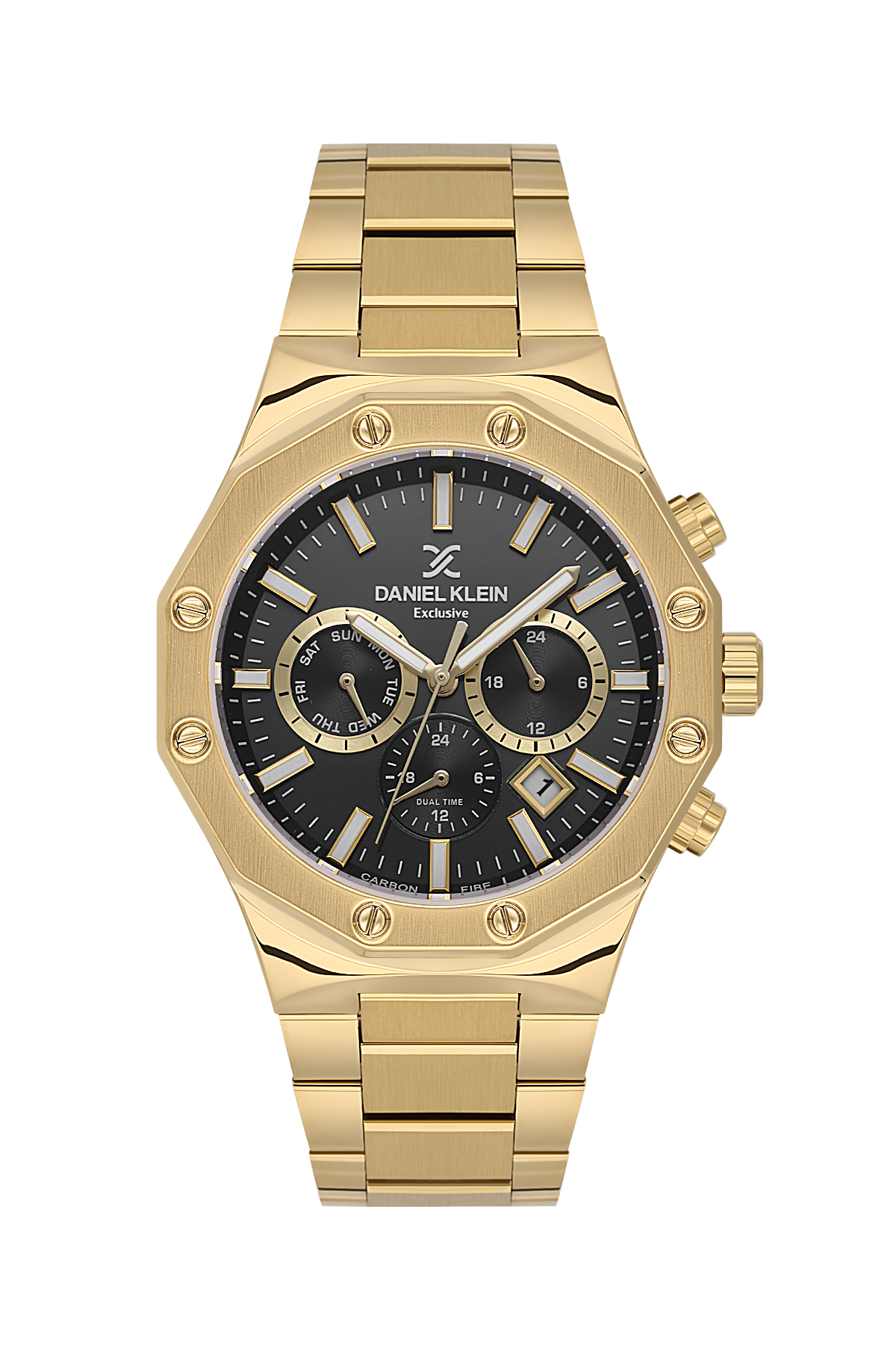 Gold watch with black face on a white background