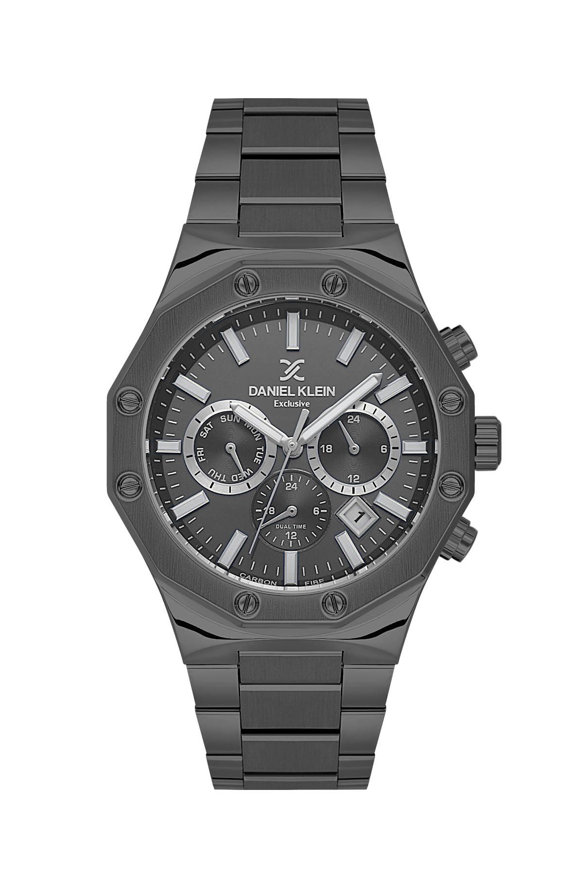 Black watch with detailed face on a white background