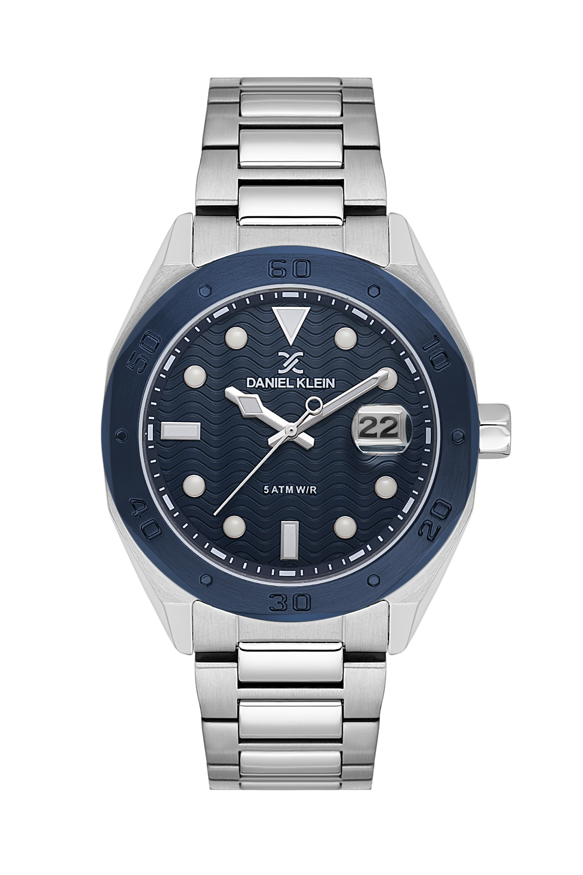 Silver watch with blue dial on a white background