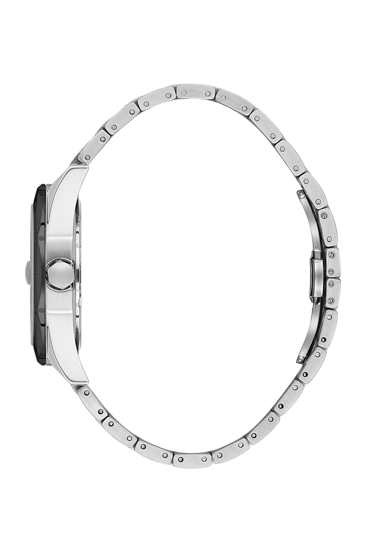 Close-up of a silver watch with detailed design on a white background