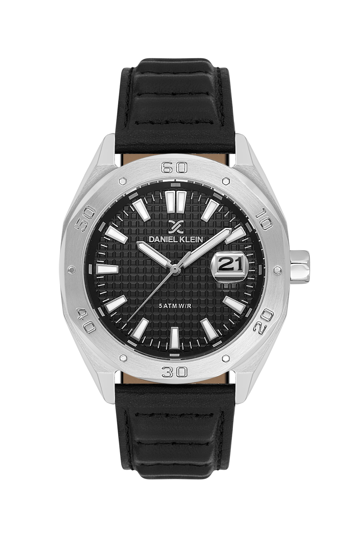 Black watch with silver case and black leather strap on a white background