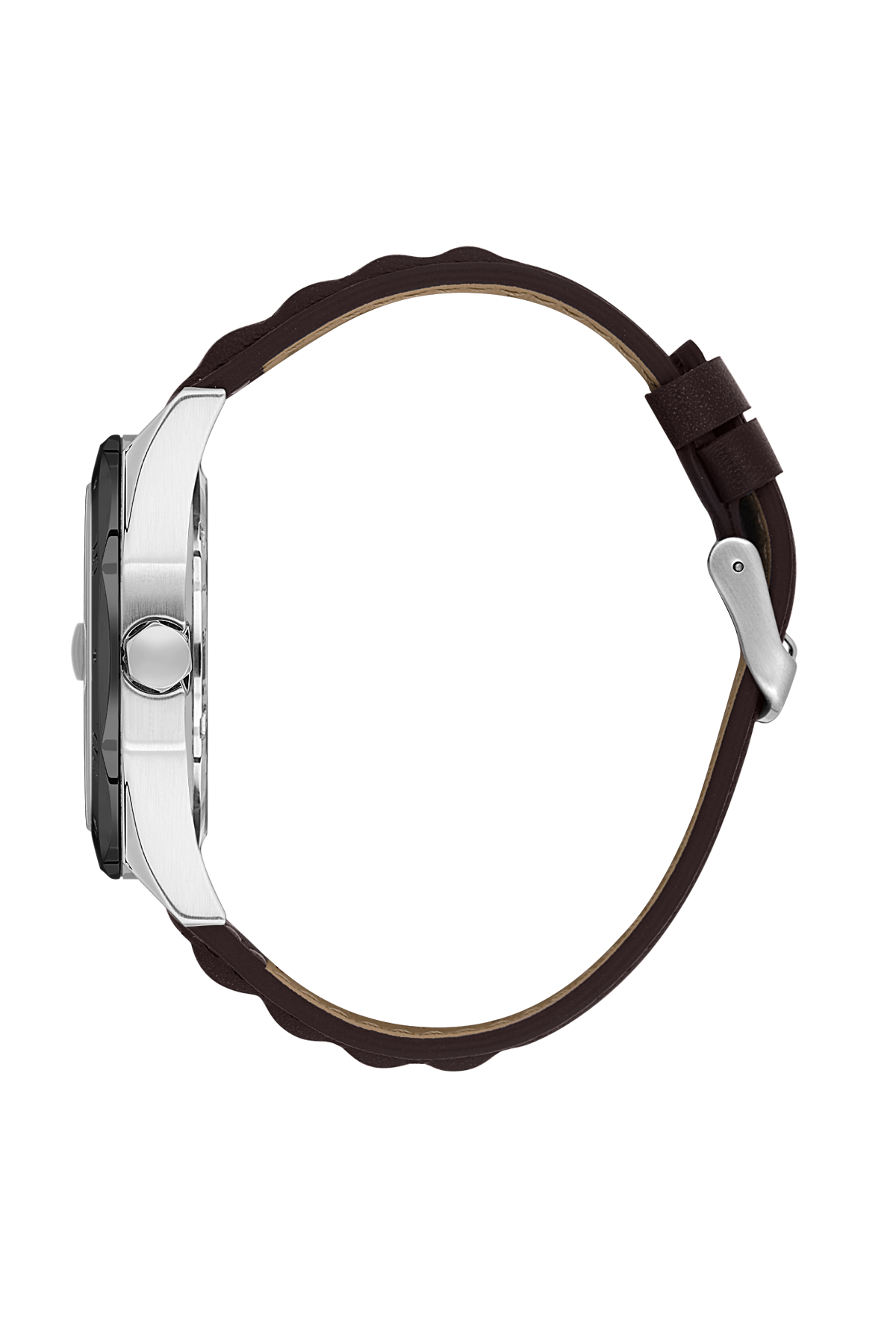 Watch with brown strap and silver case on a white background