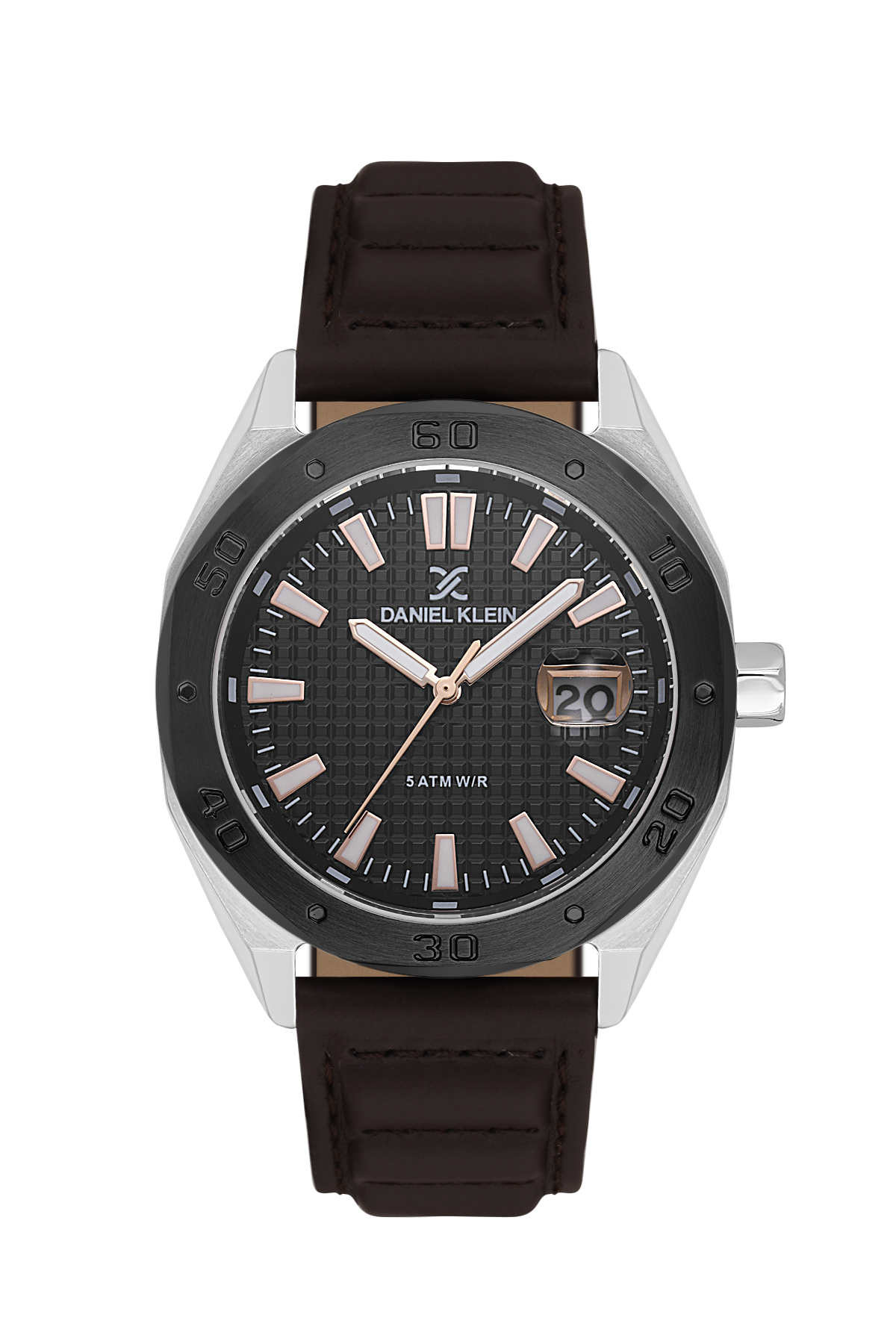 Daniel Klein watch with black strap and black dial on a white background