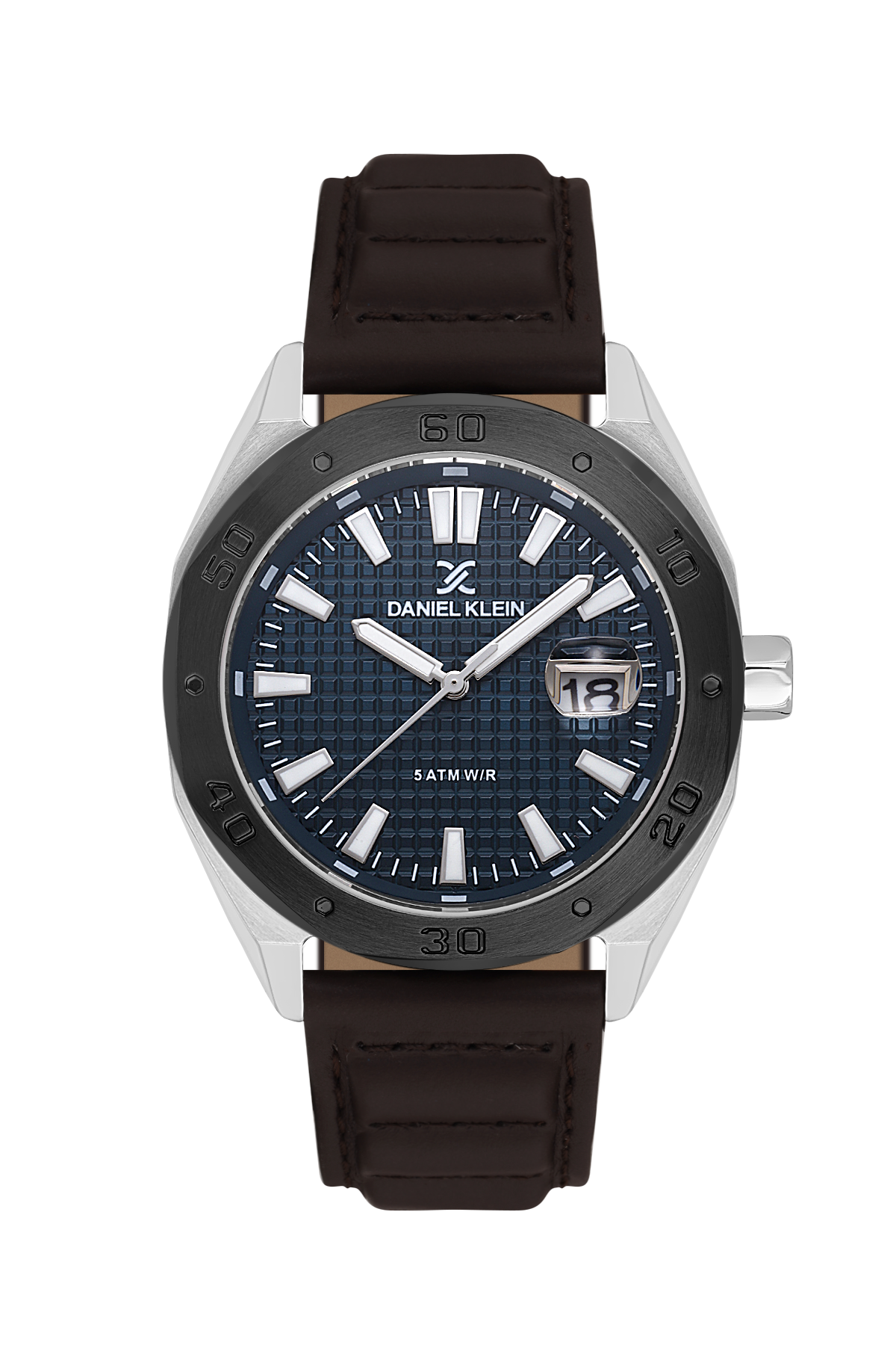 Daniel Klein watch with brown leather strap and blue dial on white background