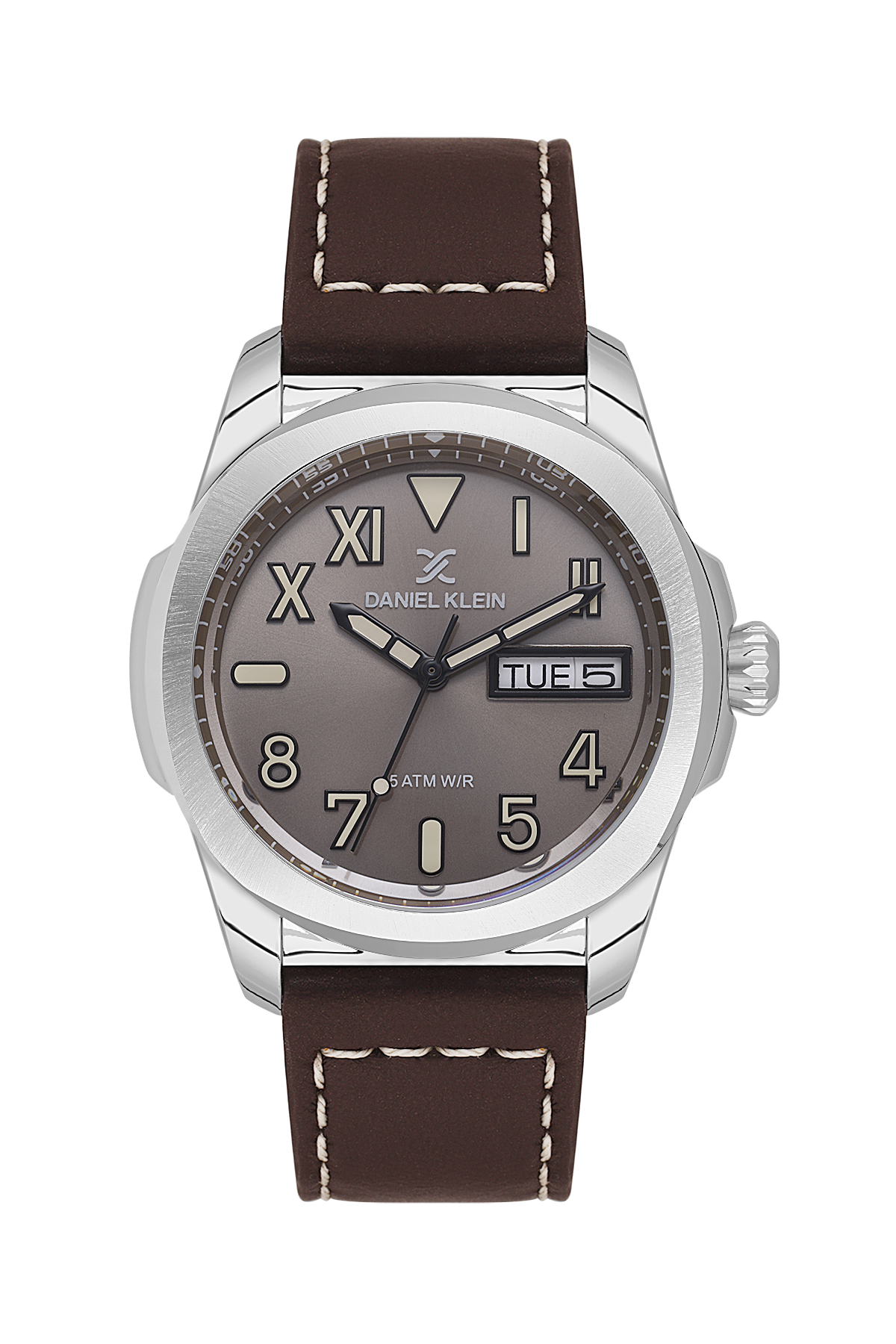 Watch with brown leather strap and silver case on white background