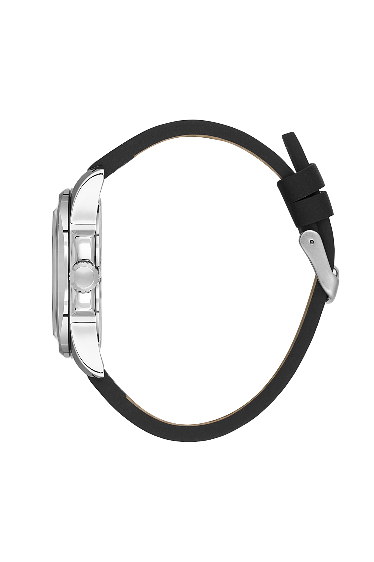 Watch with black strap and silver case on a white background