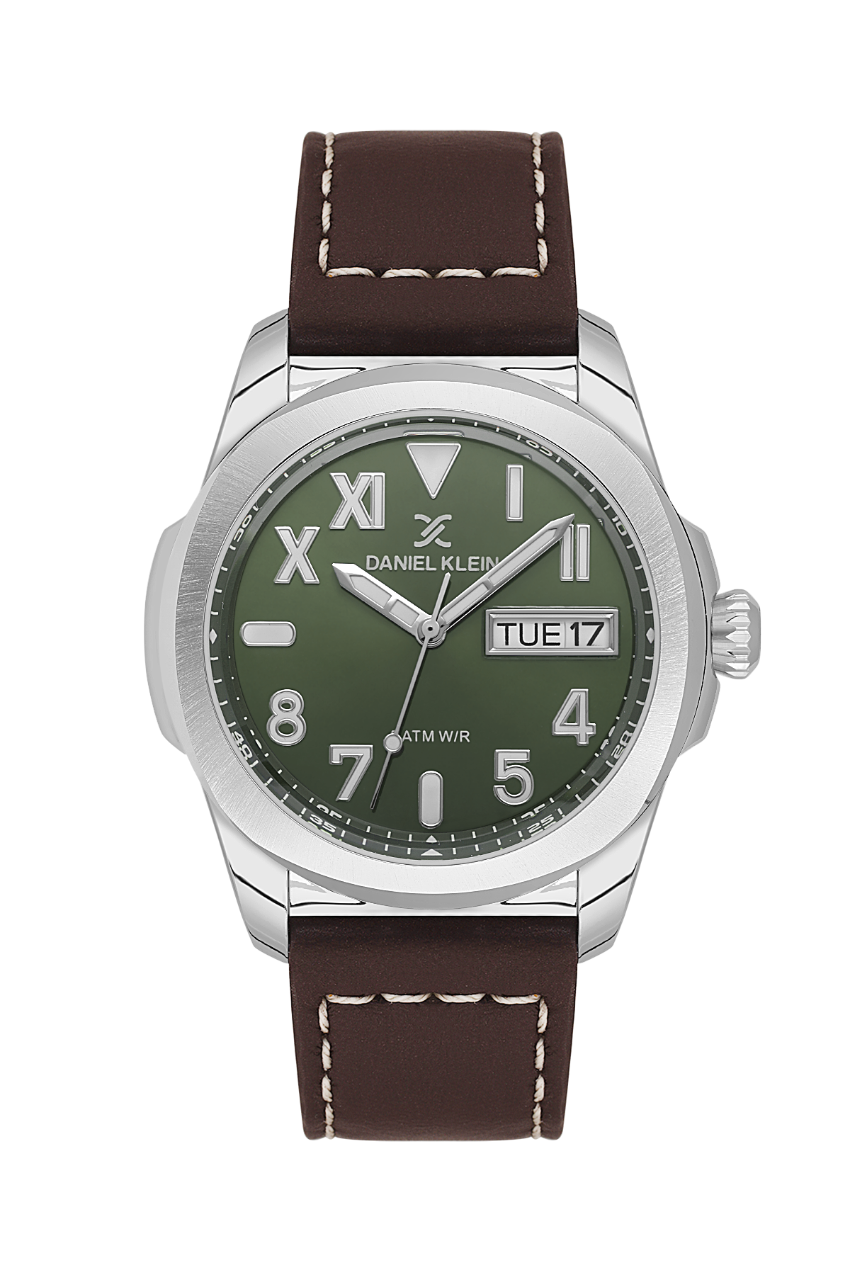 Wristwatch with green dial and brown leather strap on a white background