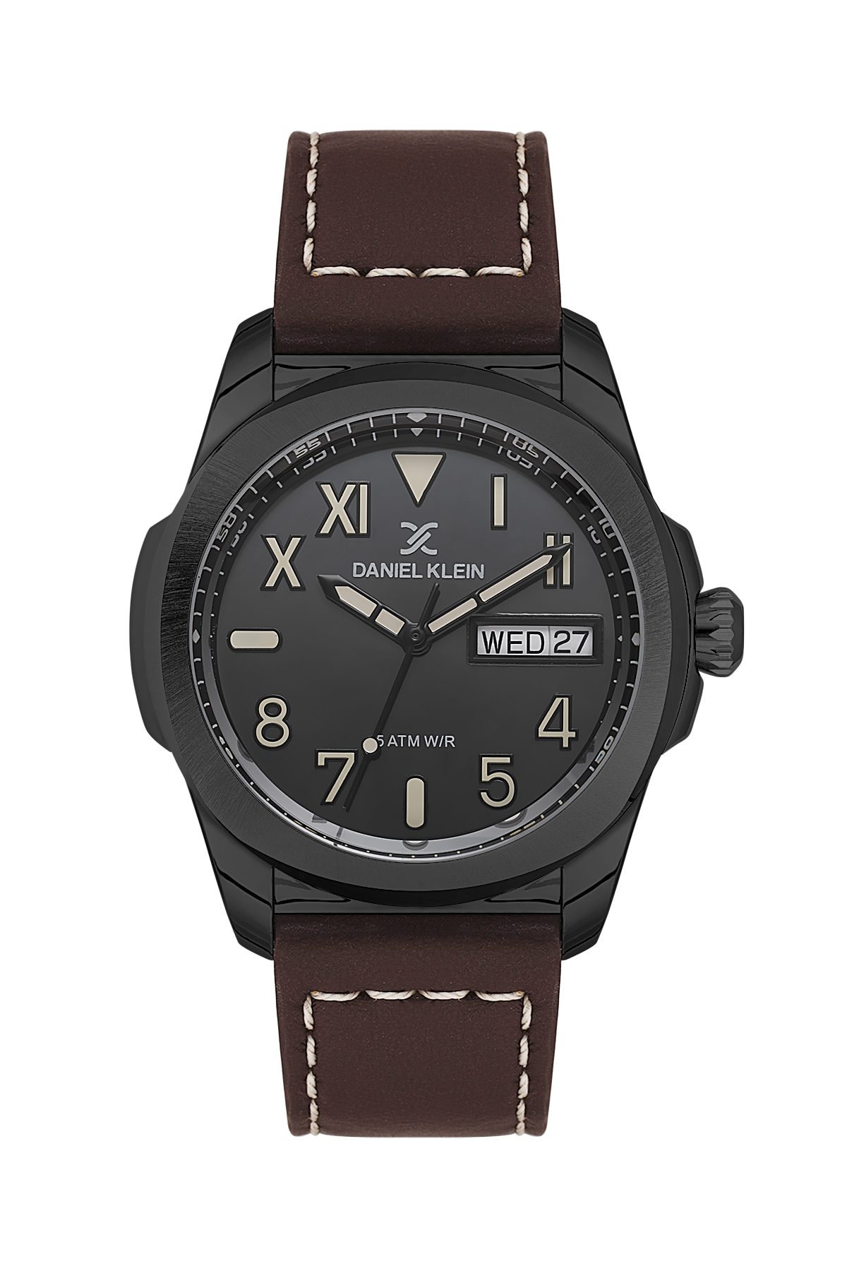 Black watch with brown leather strap on a white background