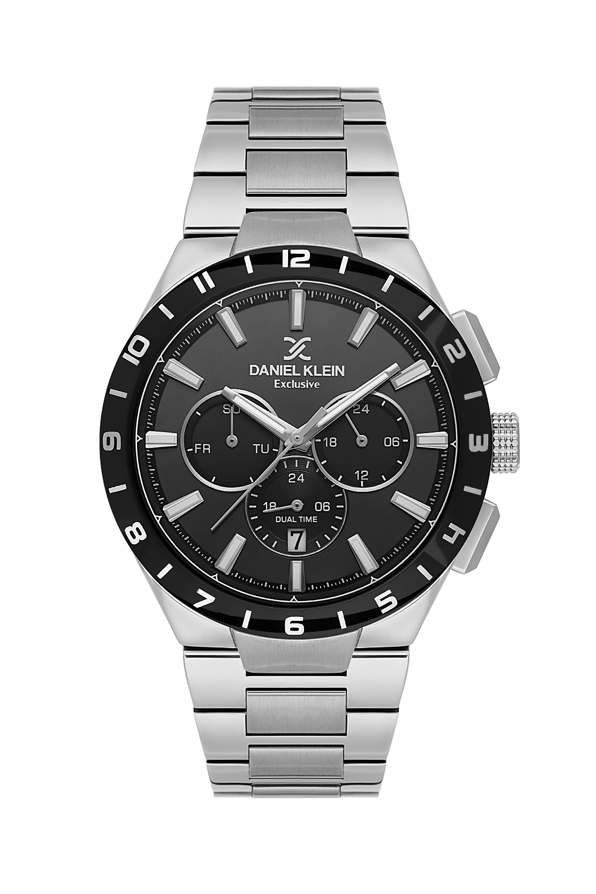 Silver watch with black face on a white background