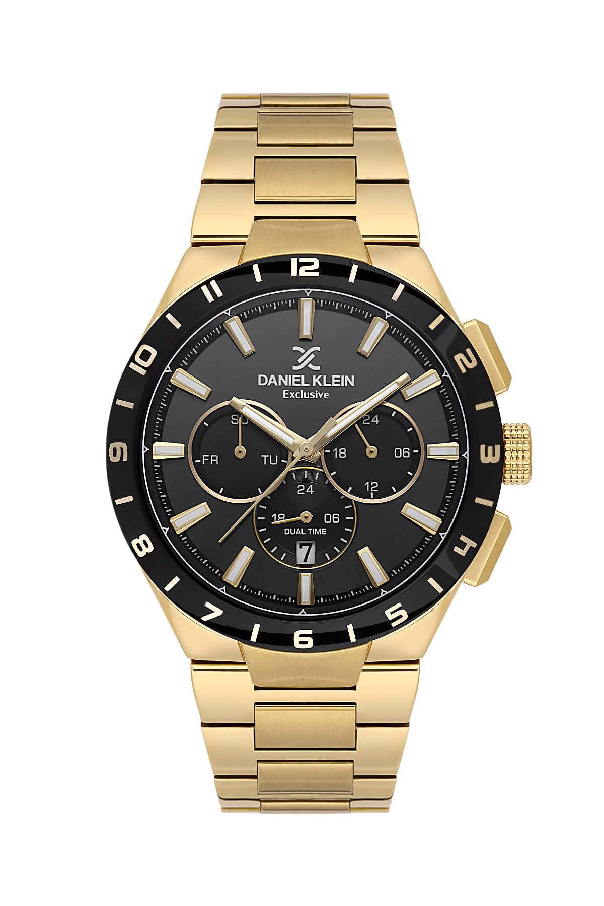 Gold watch with black face on a white background