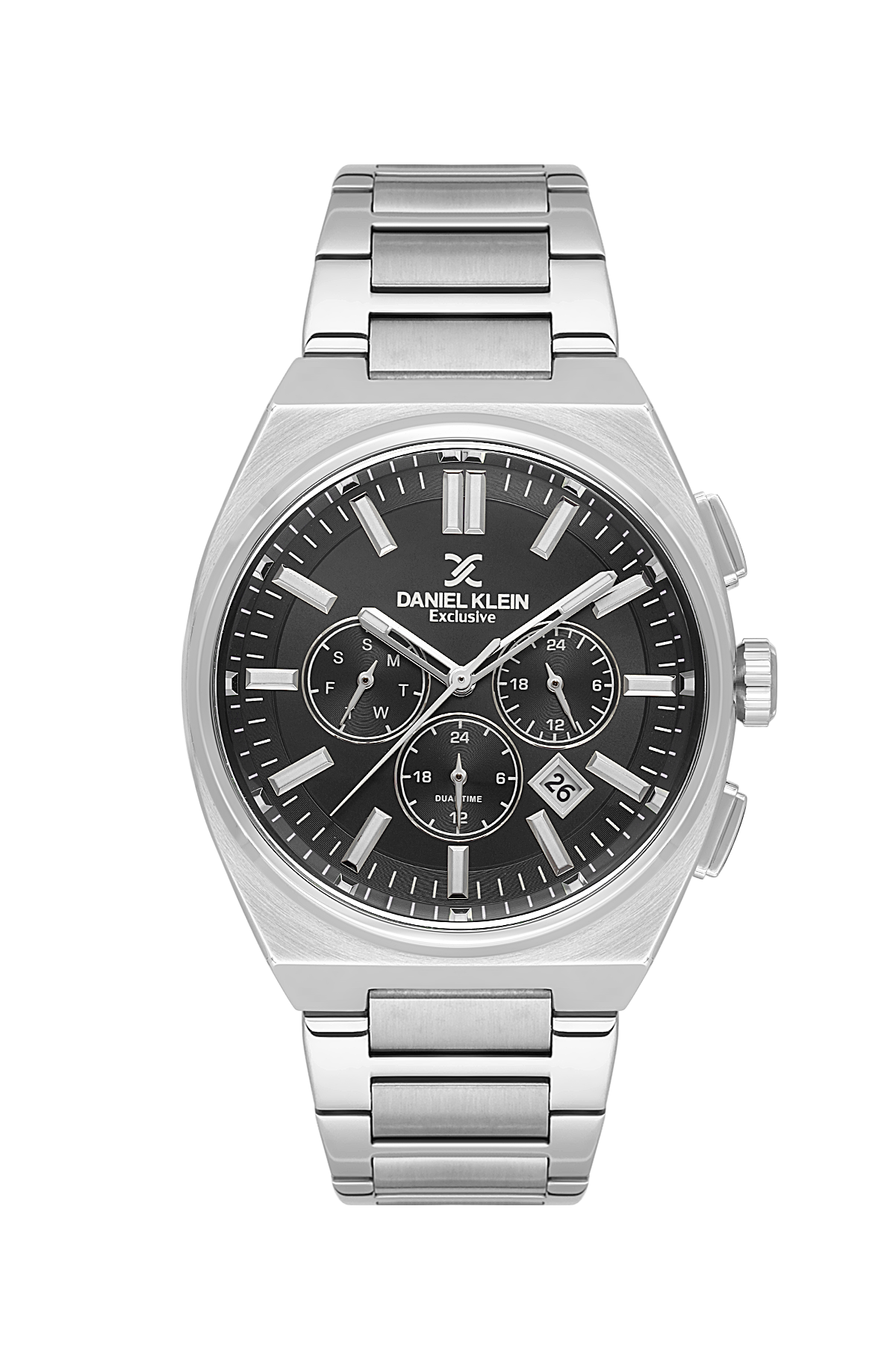 Silver watch with black dial on a white background