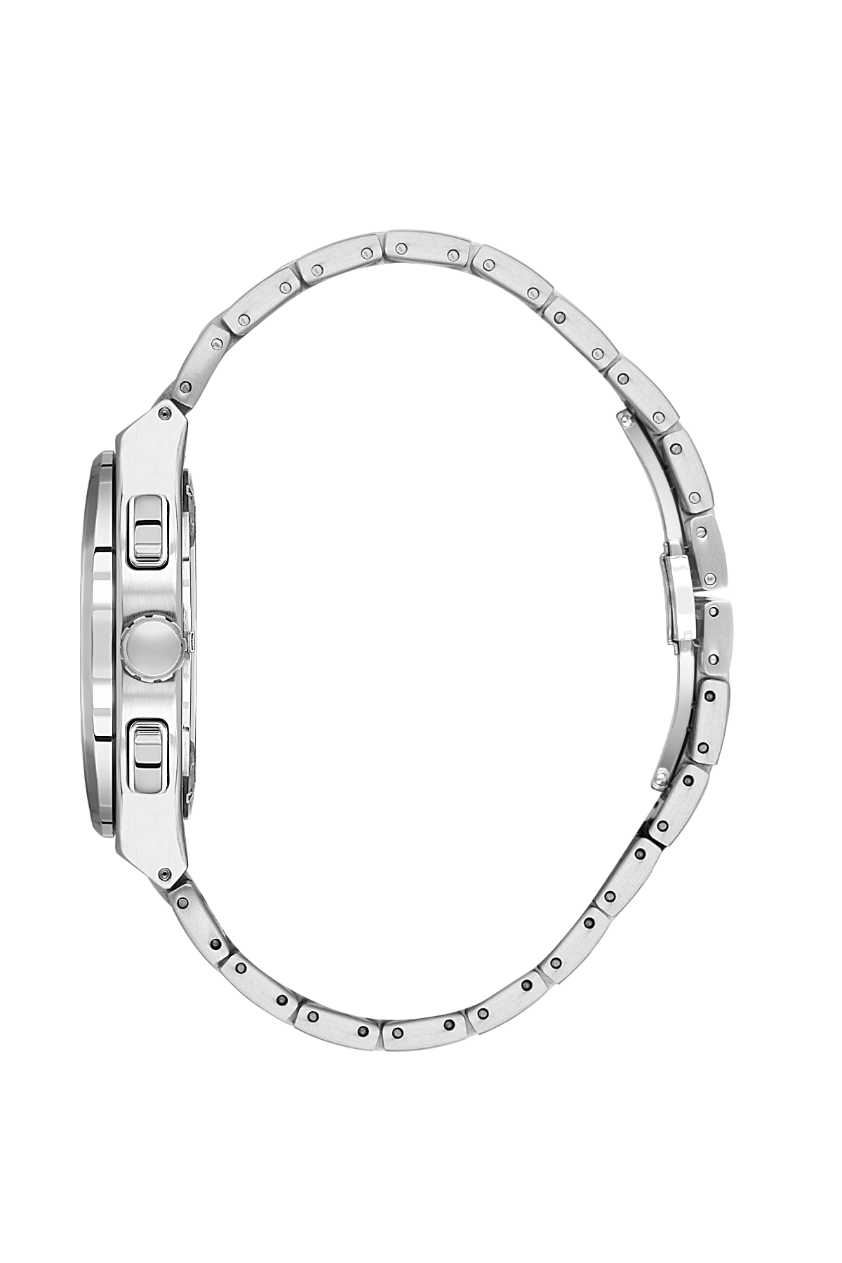 Close-up of a silver watch with detailed design on a white background