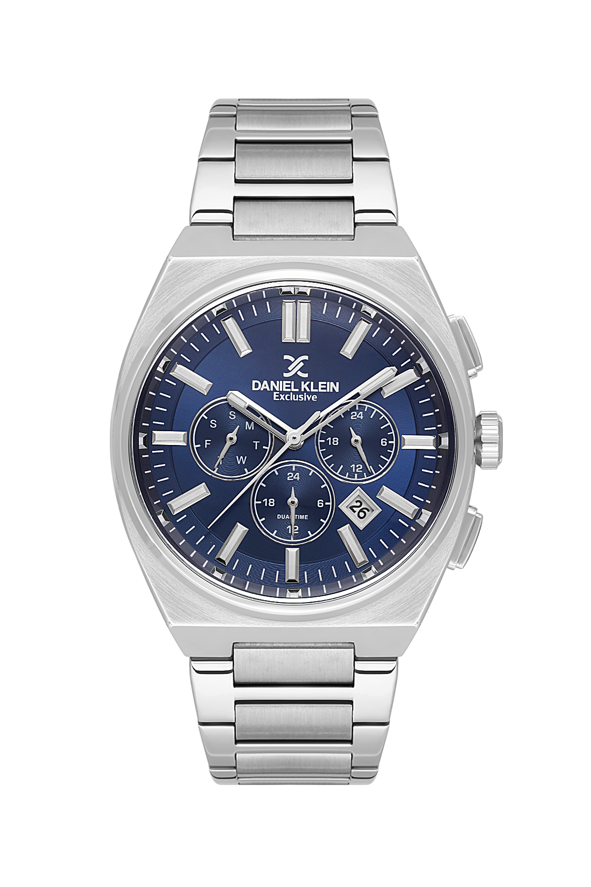 Silver watch with blue dial on a white background