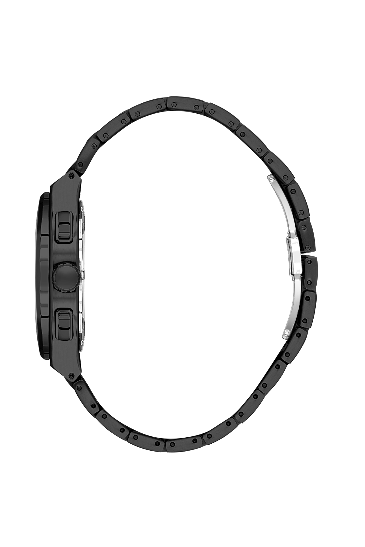 Black watch with a metallic band on a white background