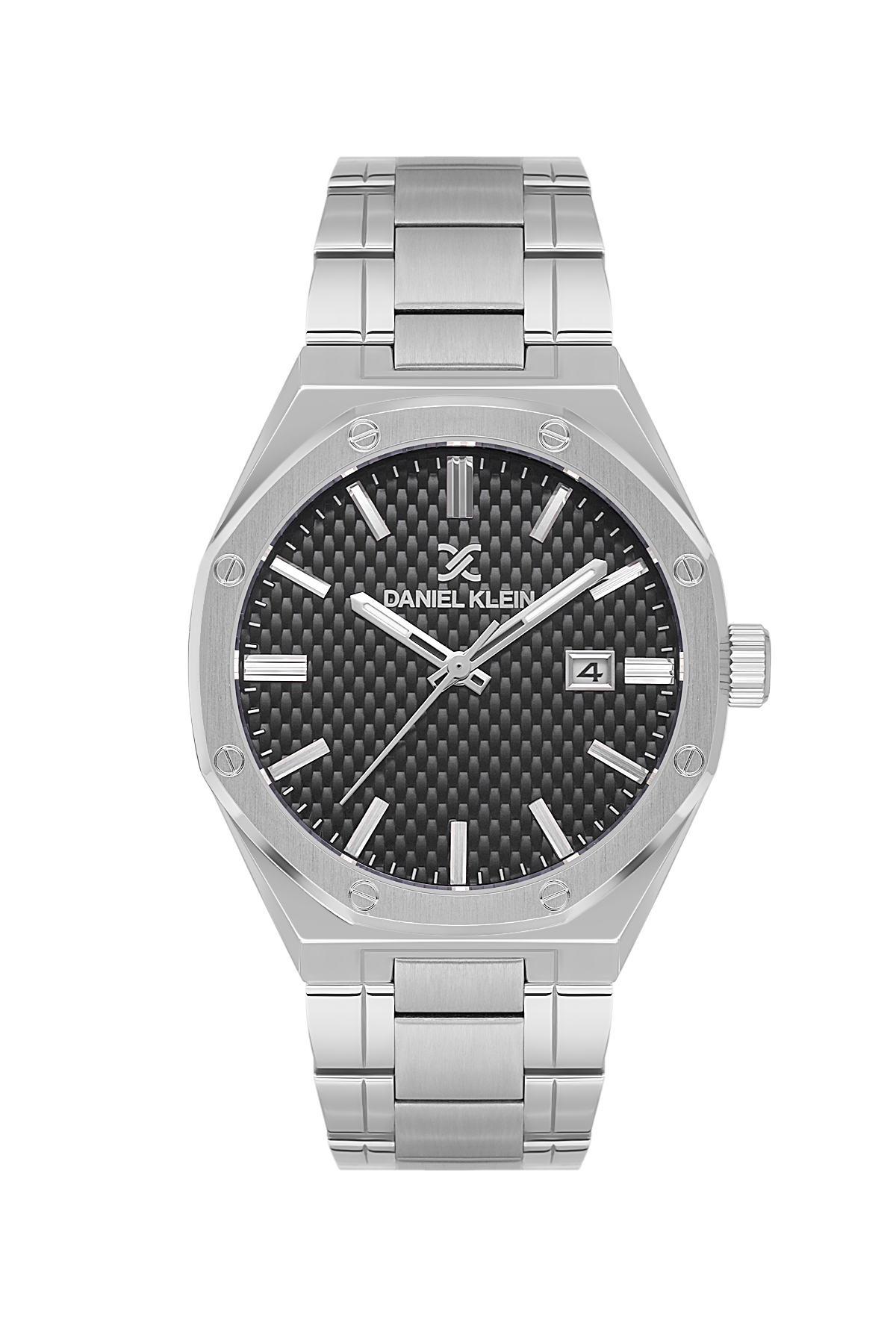 Silver watch with black face on a white background