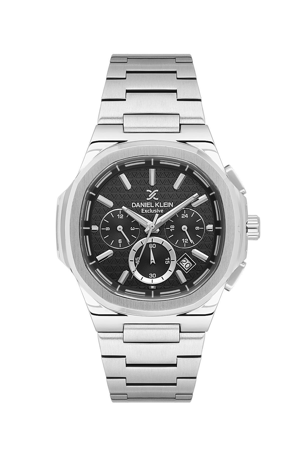 Silver watch with black dial on a white background