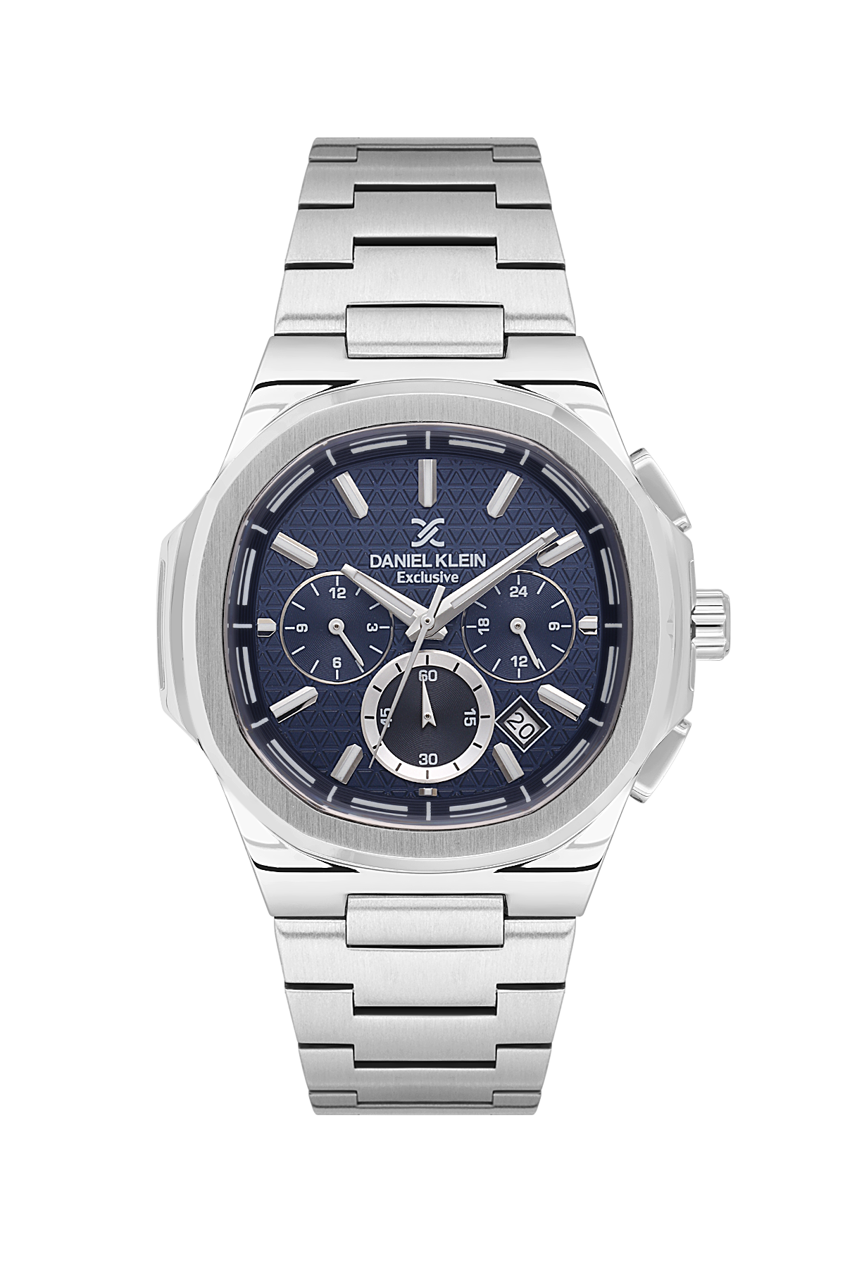 Silver watch with blue face on a white background