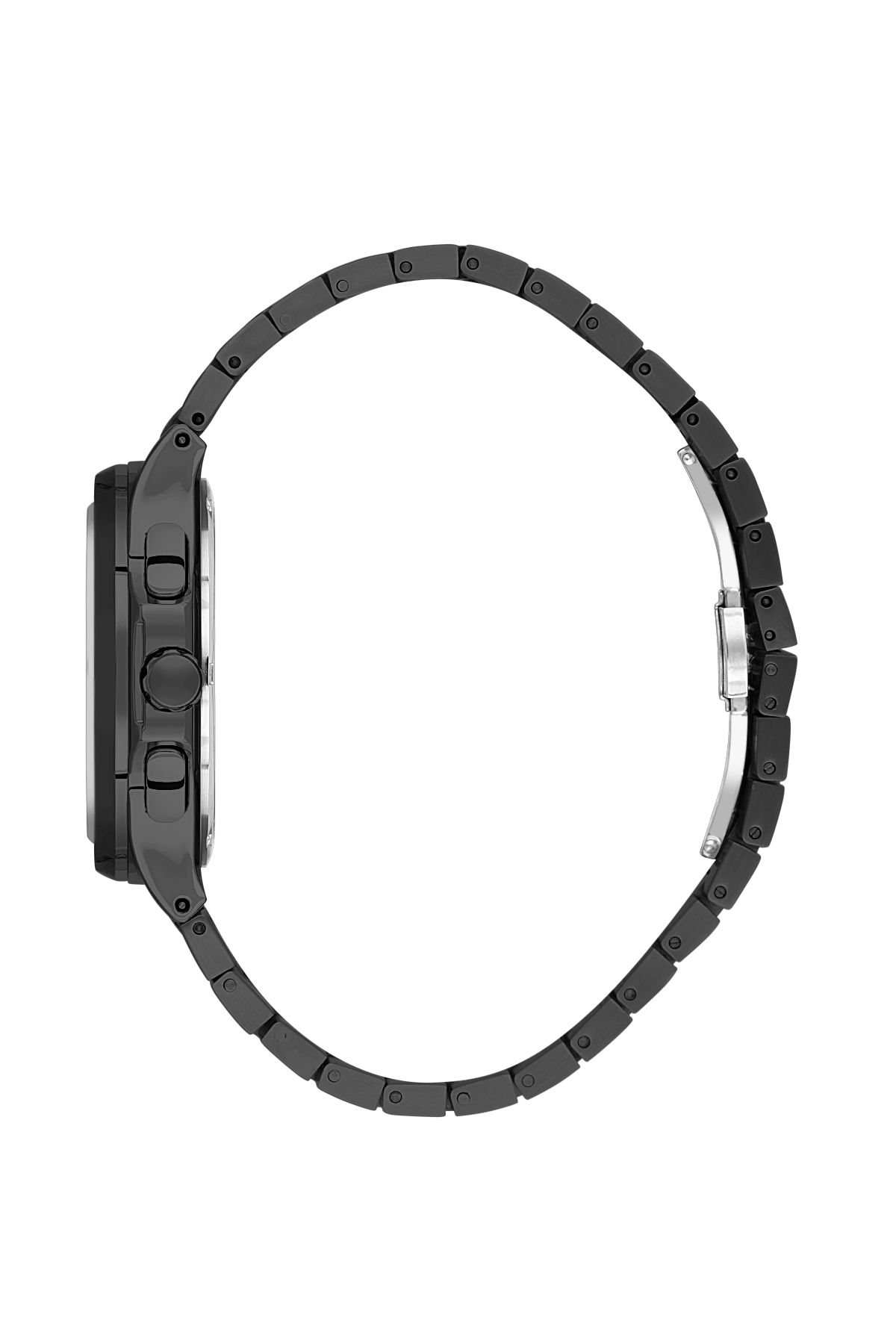 Black watch with metallic band on a white background