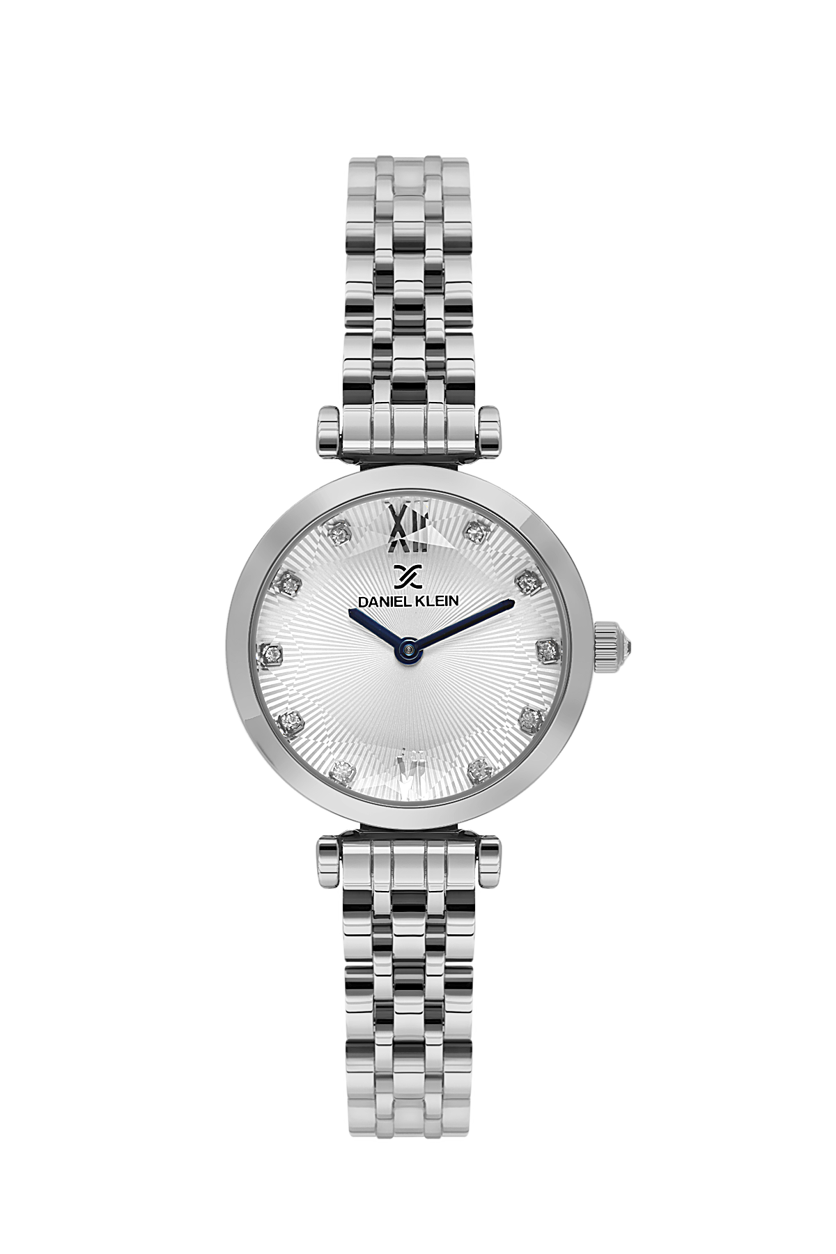 Silver watch with a detailed face on a white background