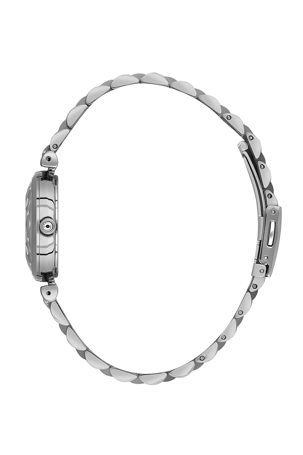 Silver watch with a detailed band on a white background