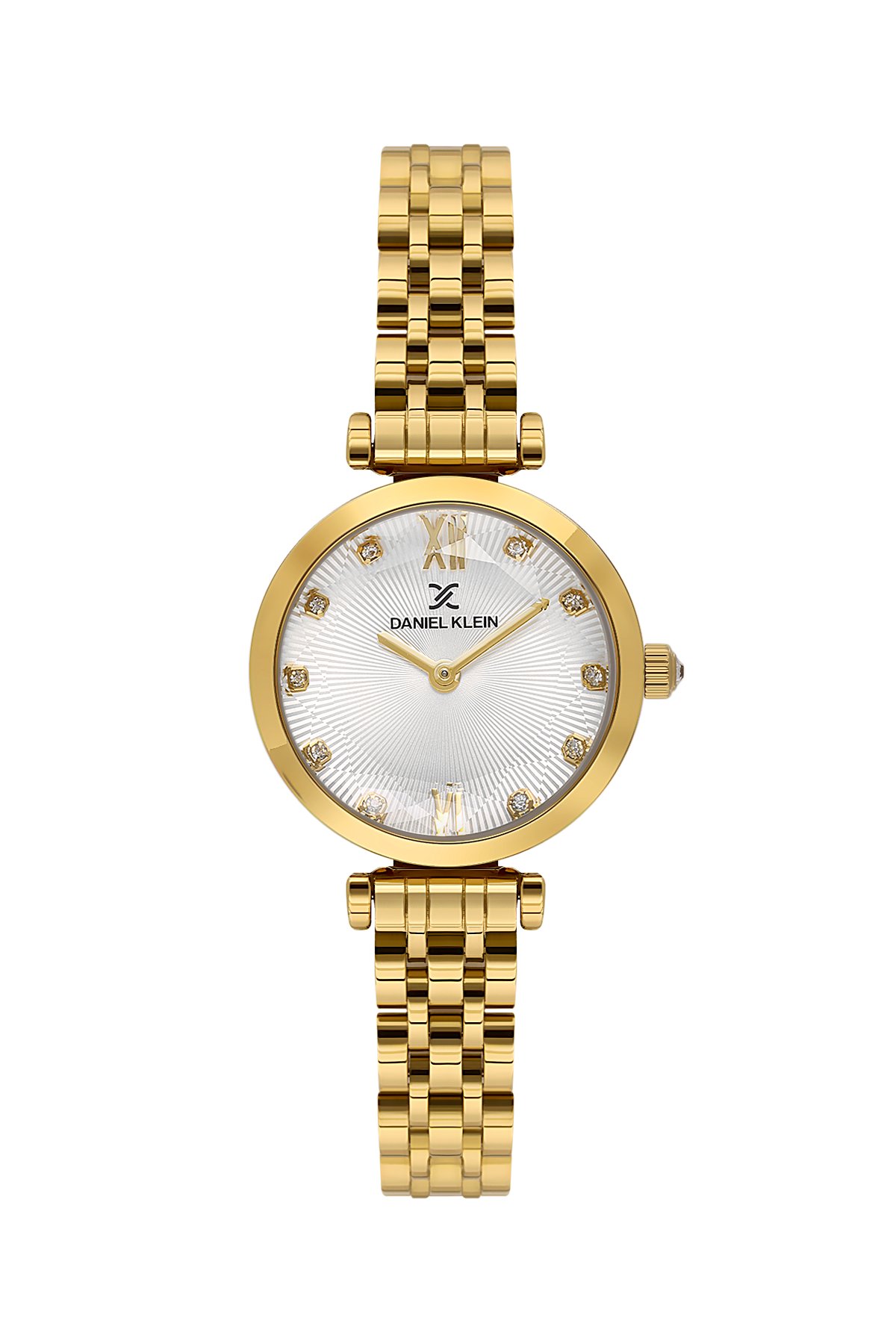 Gold watch with a white face on a white background