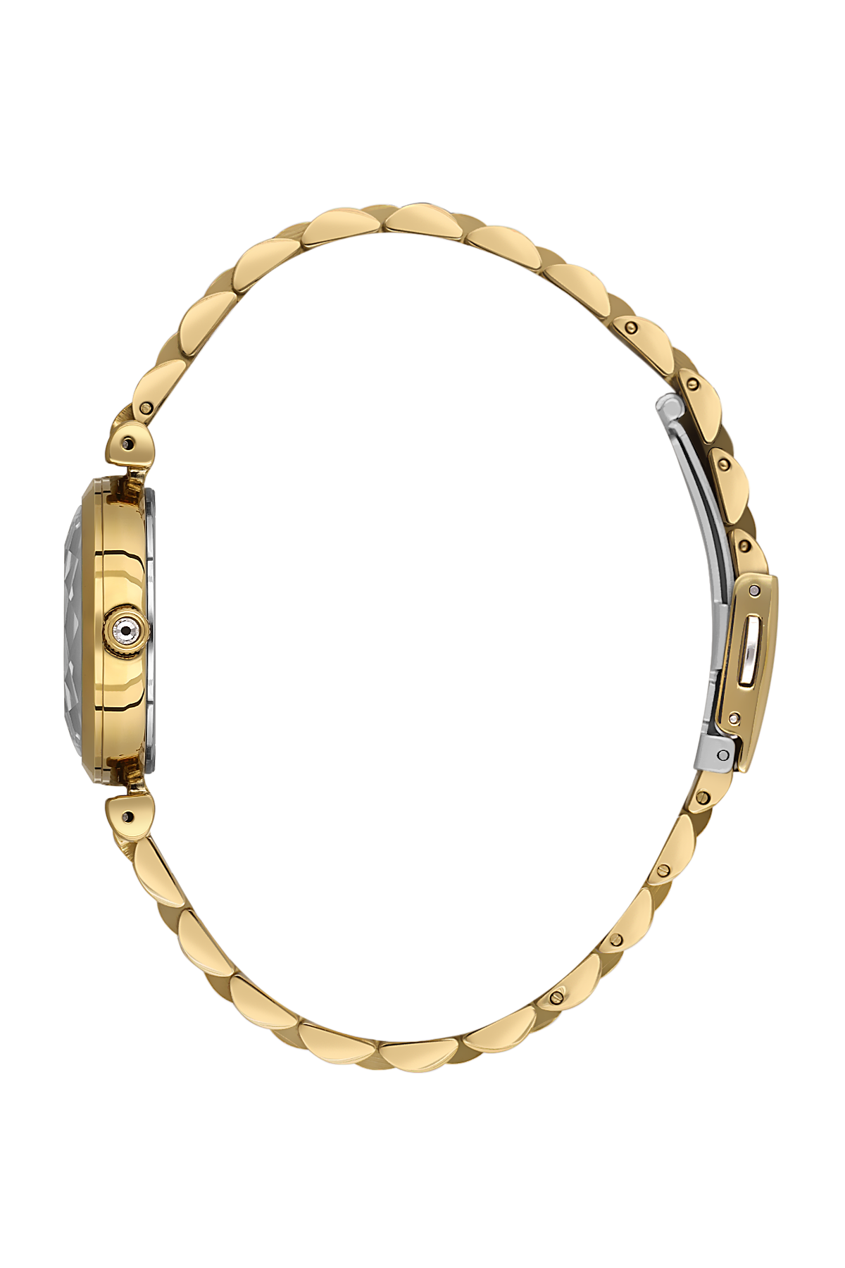 Gold watch with a textured band on a white background