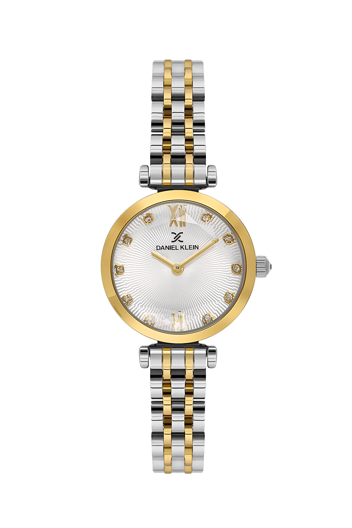 Two-tone watch with gold and silver band on a white background