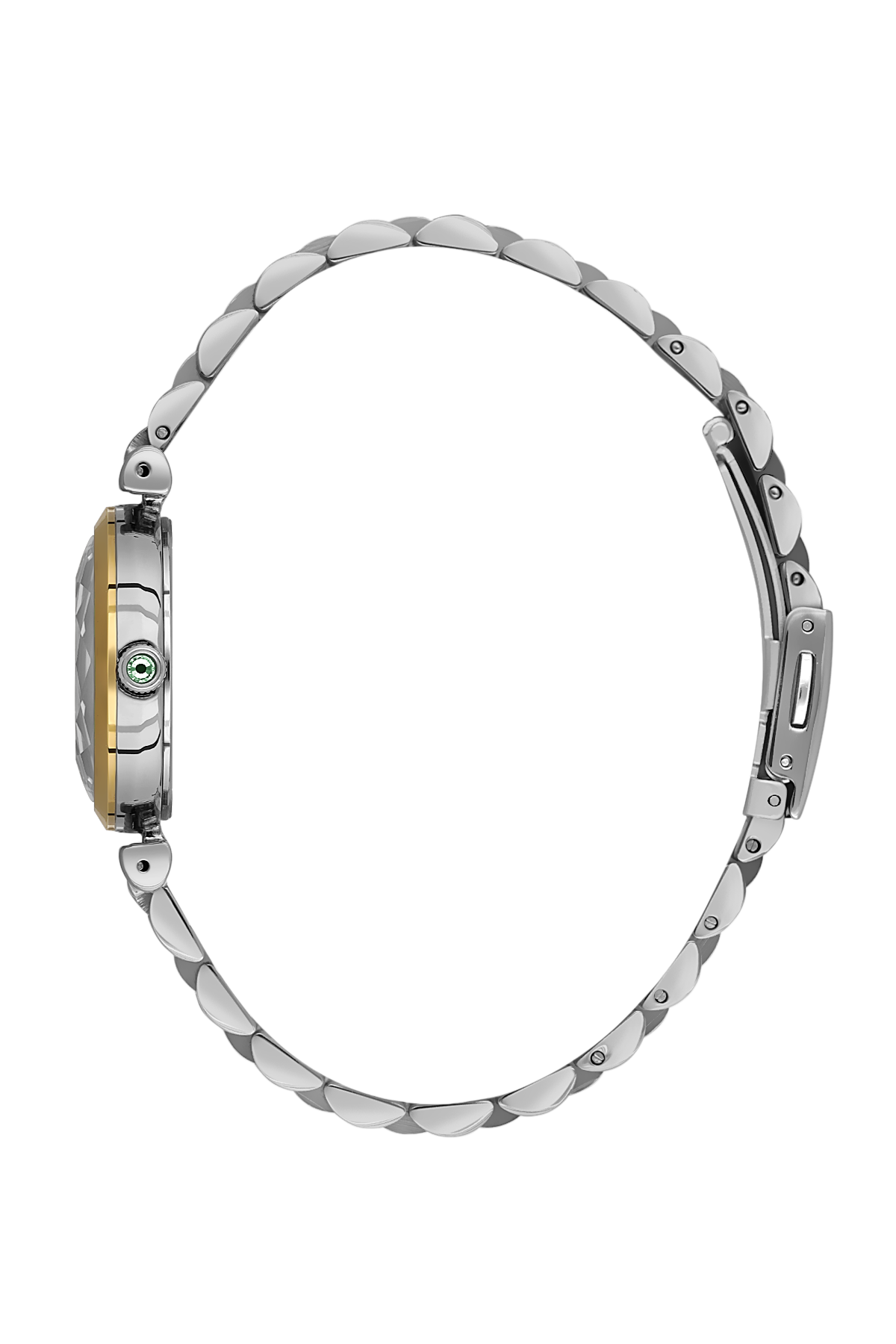 Silver watch with a detailed band on a white background