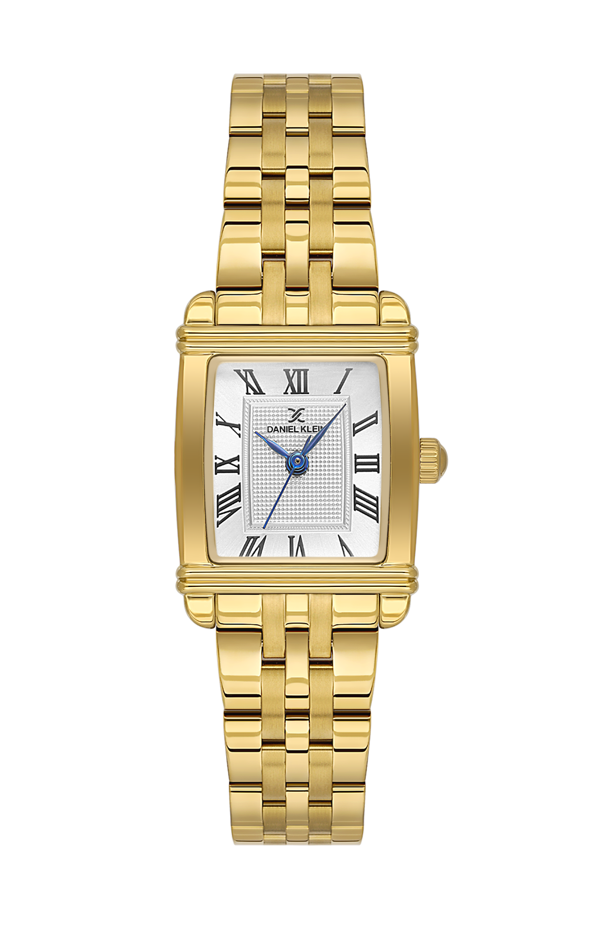 Gold watch with a white face and blue hands on a white background