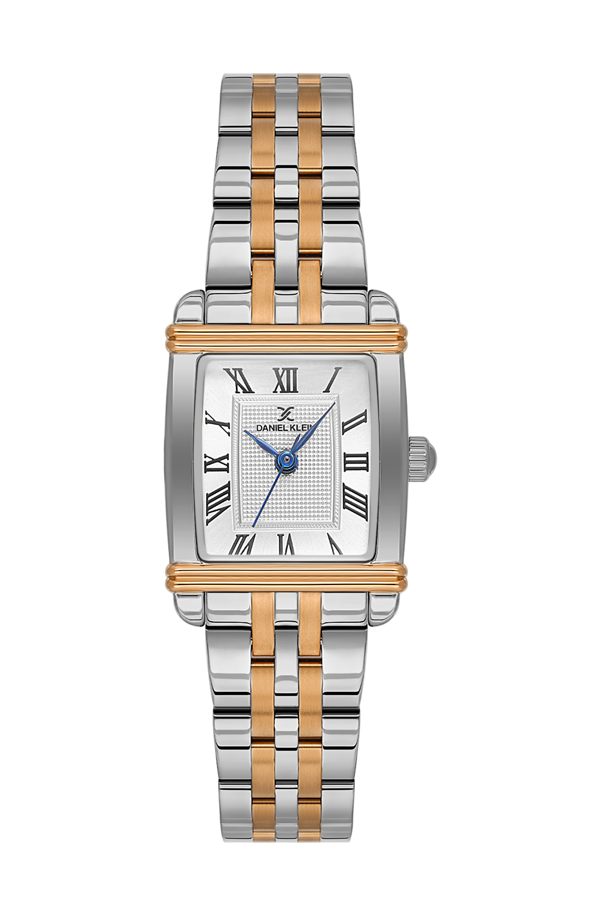 Watch with silver and rose gold band on a white background