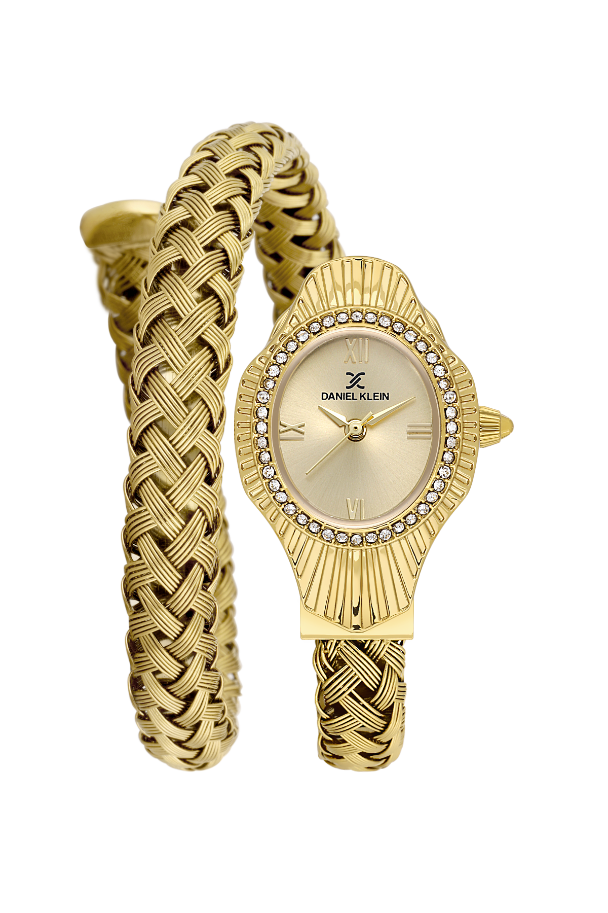 Gold watch and bracelet set with braided design on a white background