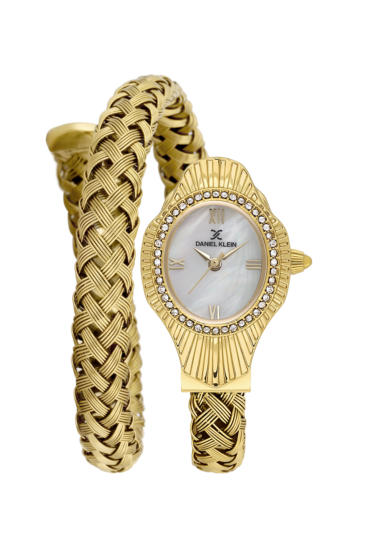 Gold watch and bracelet set on a white background
