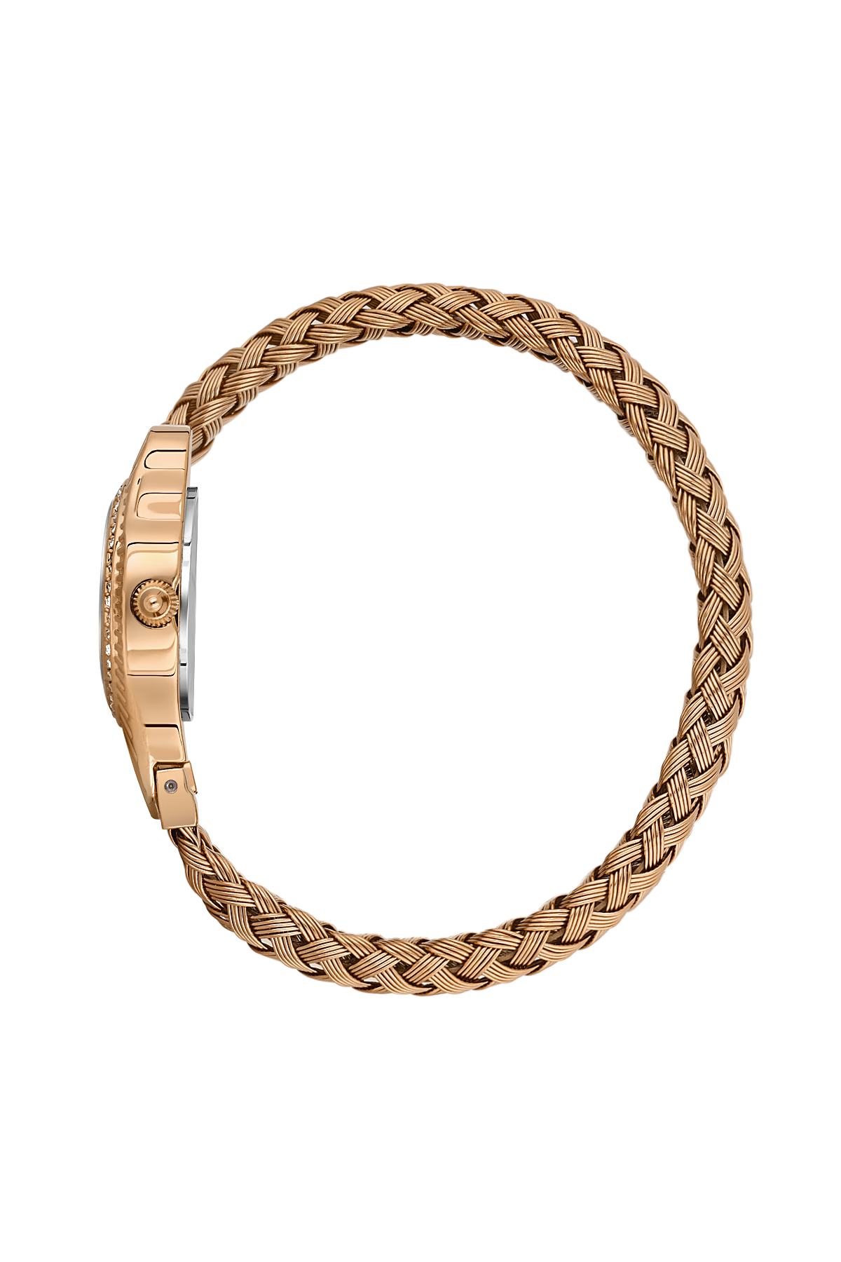 Rose gold braided watch strap on a white background