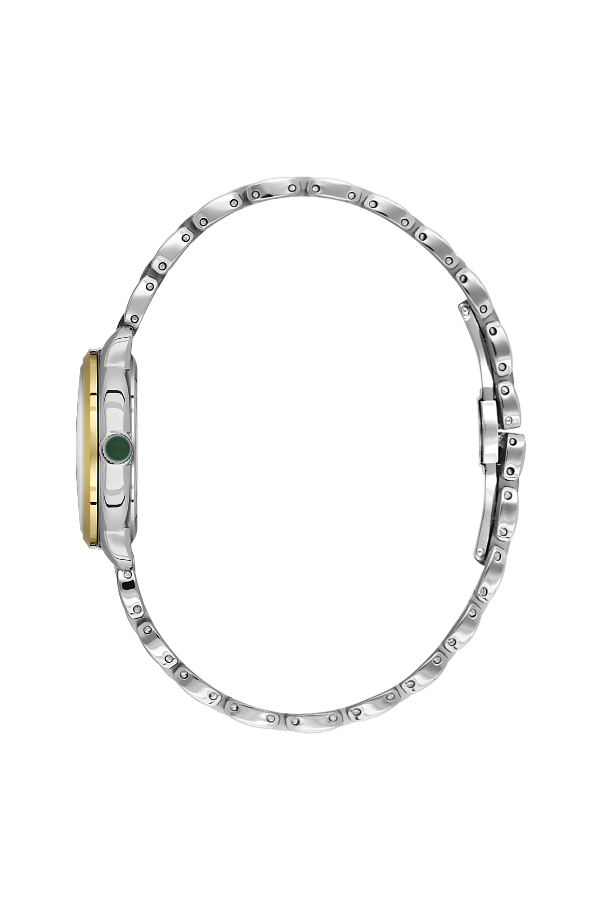 Silver watch with a detailed bezel on a white background