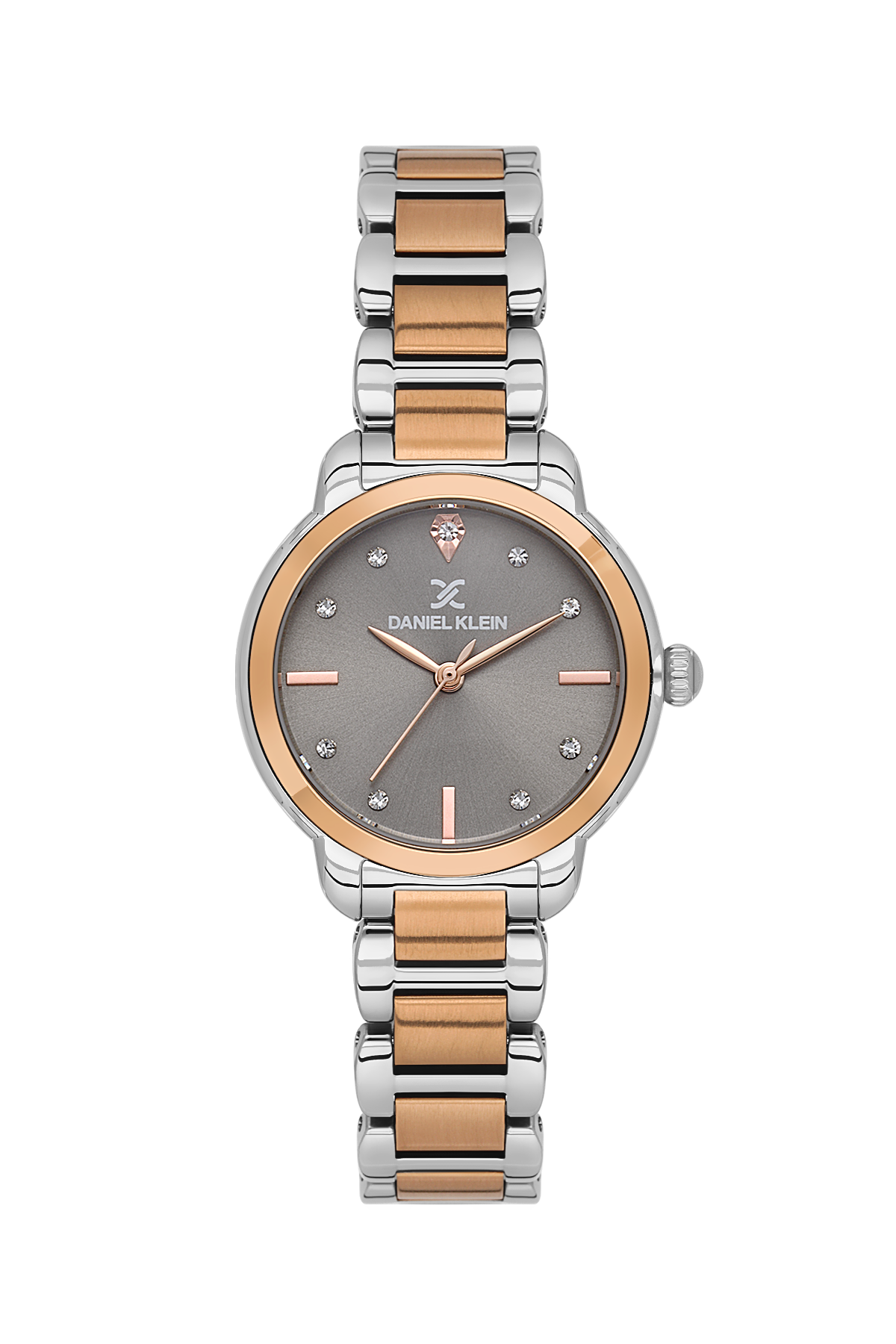 Two-tone watch with silver and rose gold band on a white background