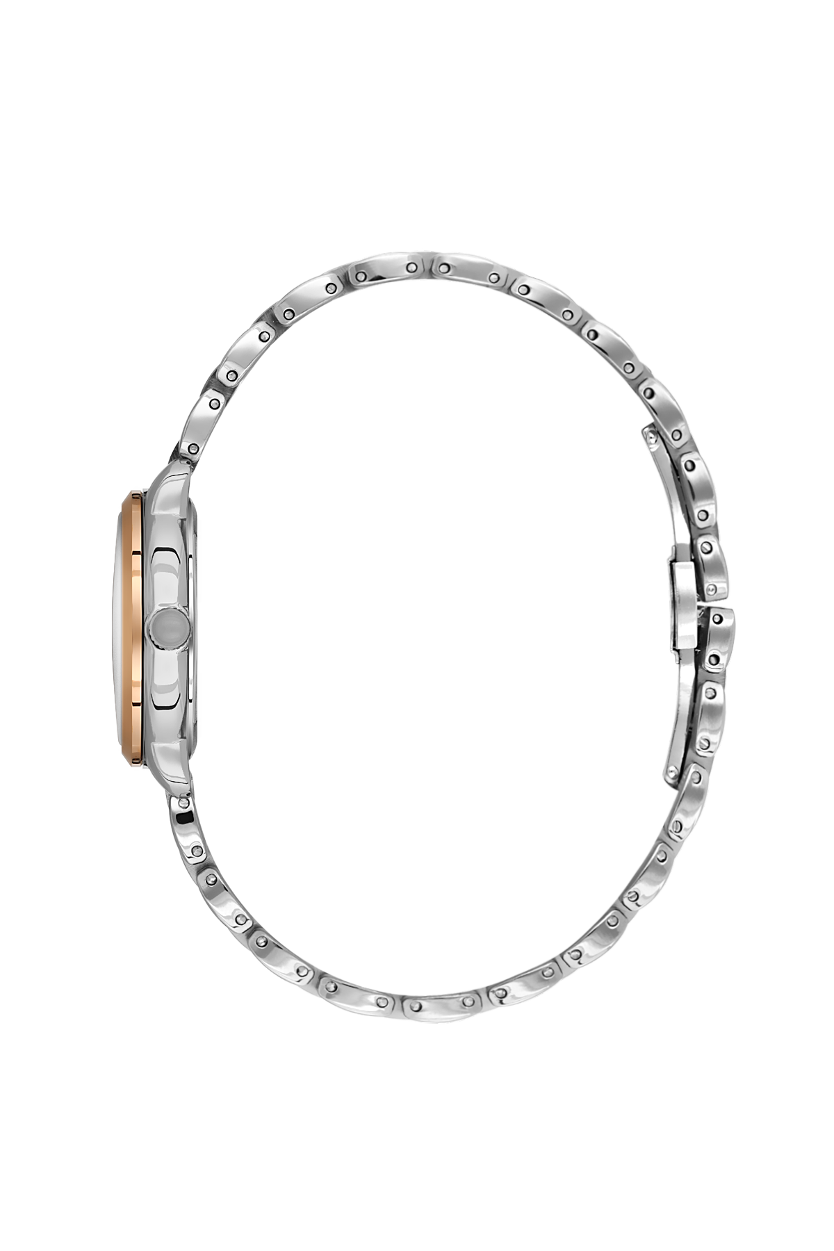 Close-up of a silver watch with a gold accent on a white background