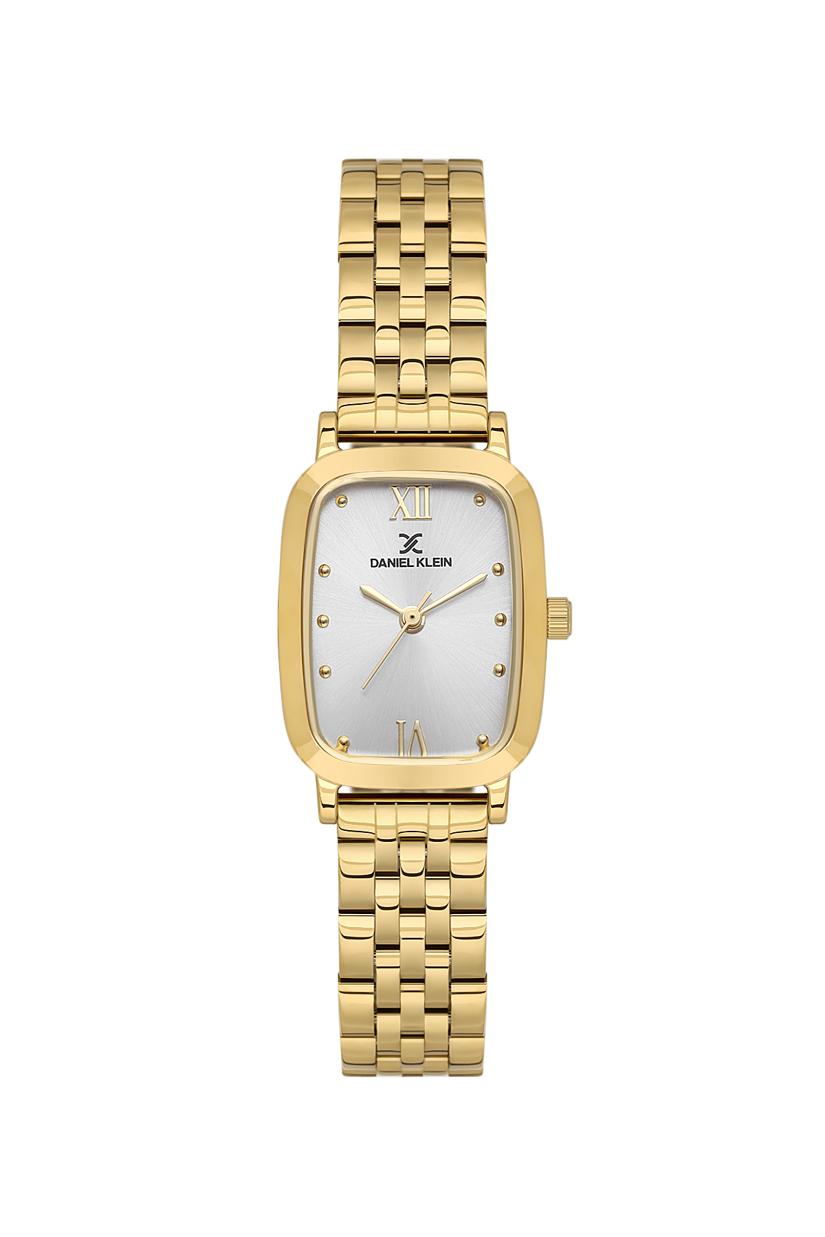 Gold watch with a white face on a white background