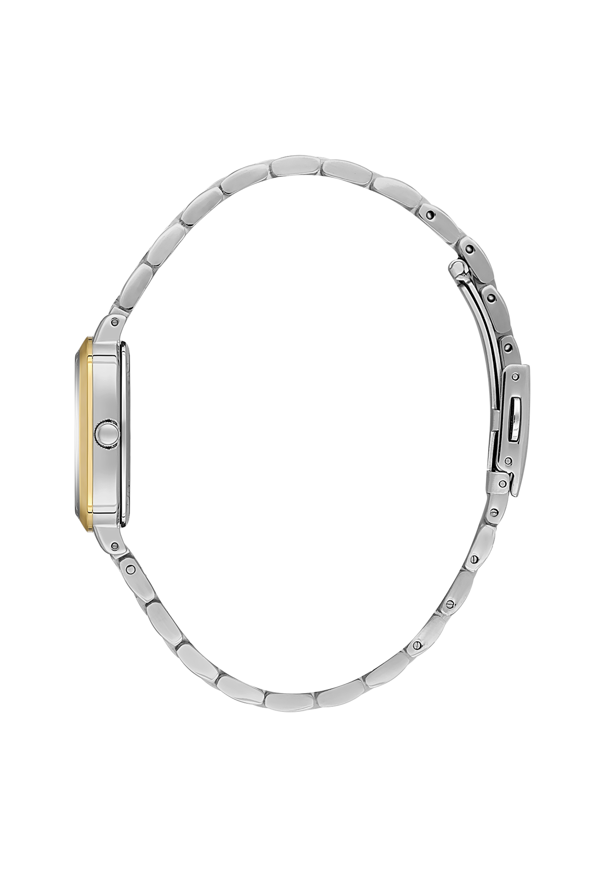 Silver bracelet with a gold accent on a white background