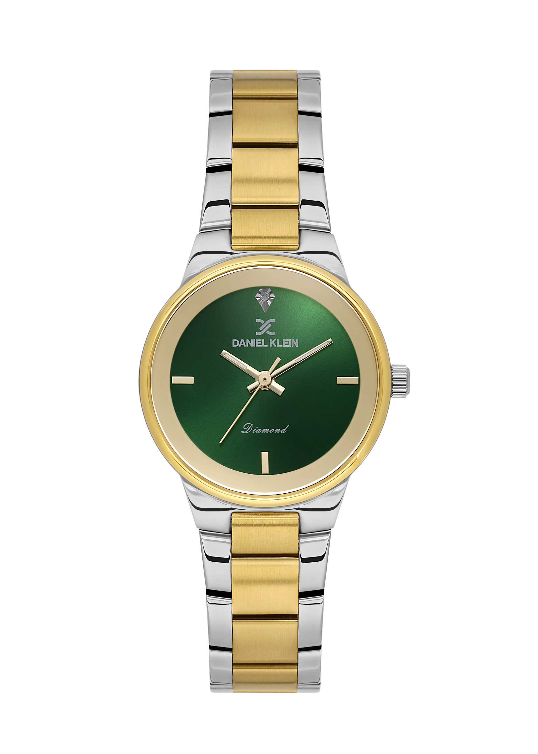 Two-tone watch with green face and gold accents on a white background