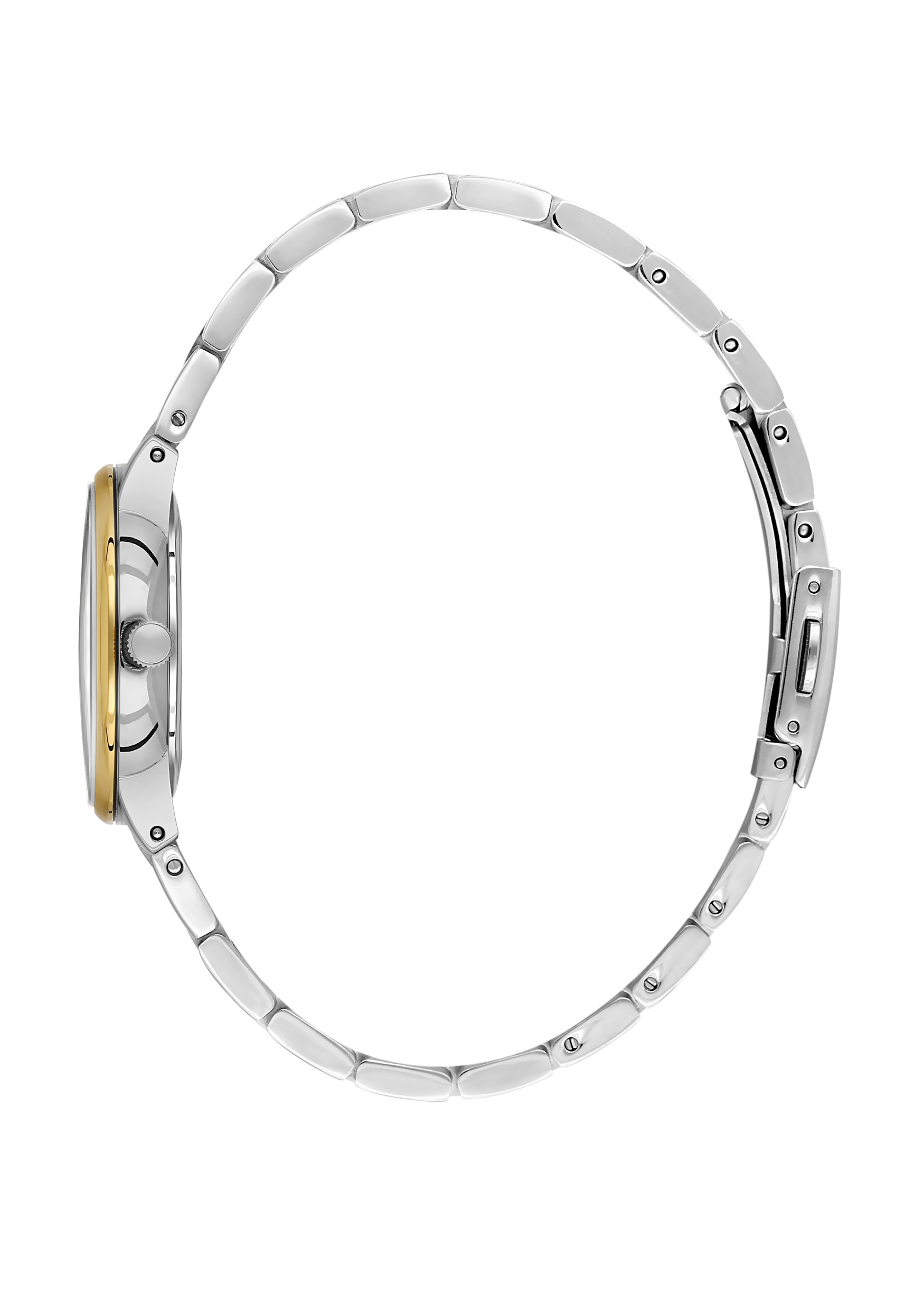 Silver watch with a yellow accent on a white background