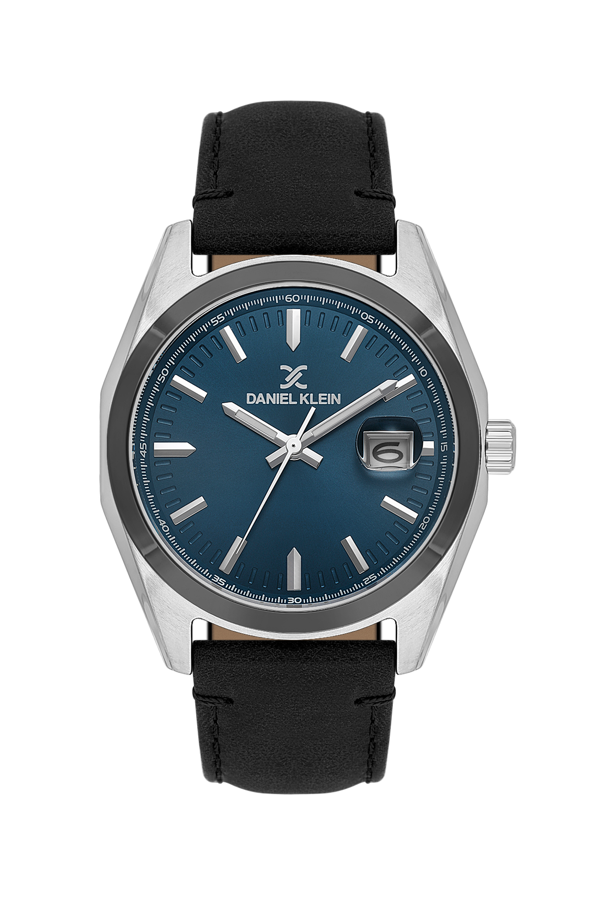 Daniel Klein watch with black strap and blue dial on a white background