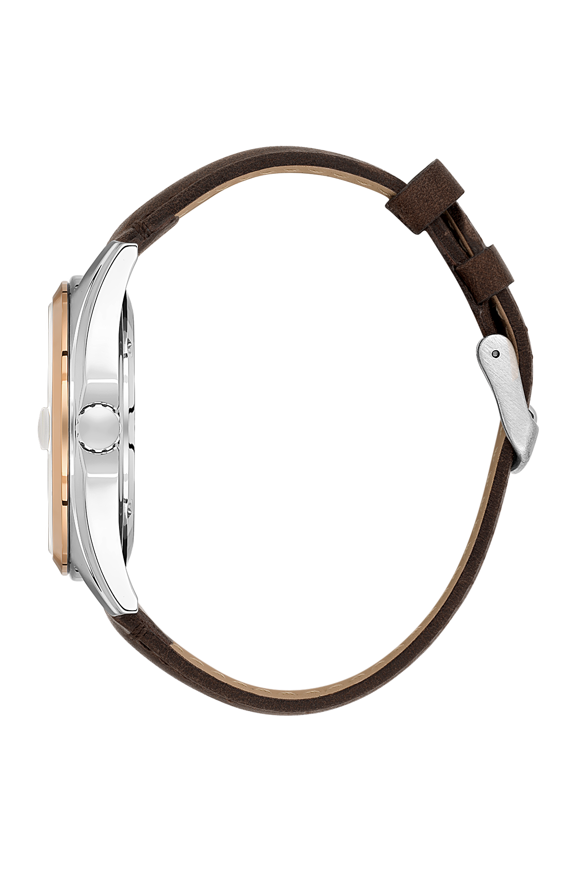 Watch with brown leather strap and silver case on a white background