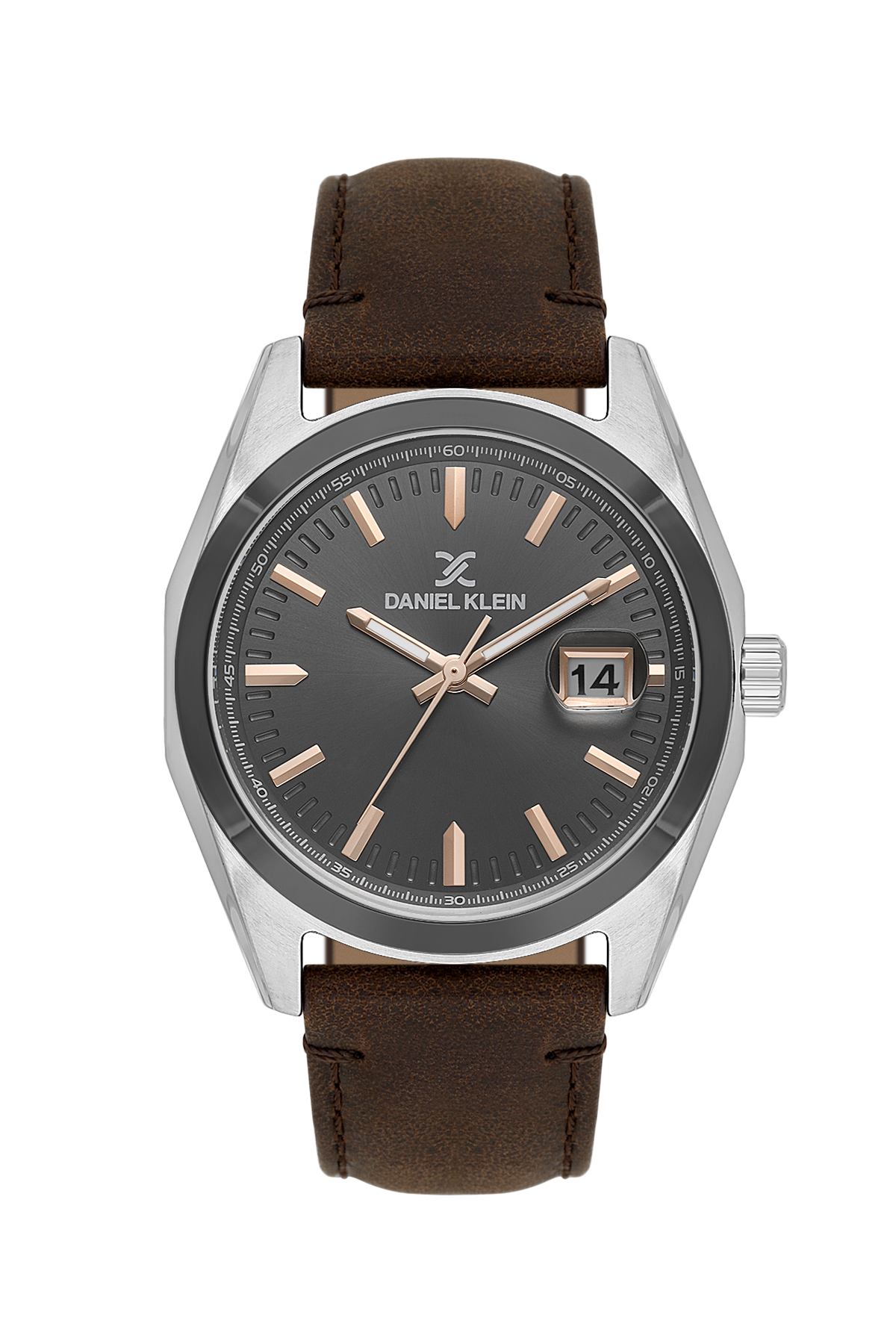 Daniel Klein watch with brown leather strap and dark gray dial on a white background