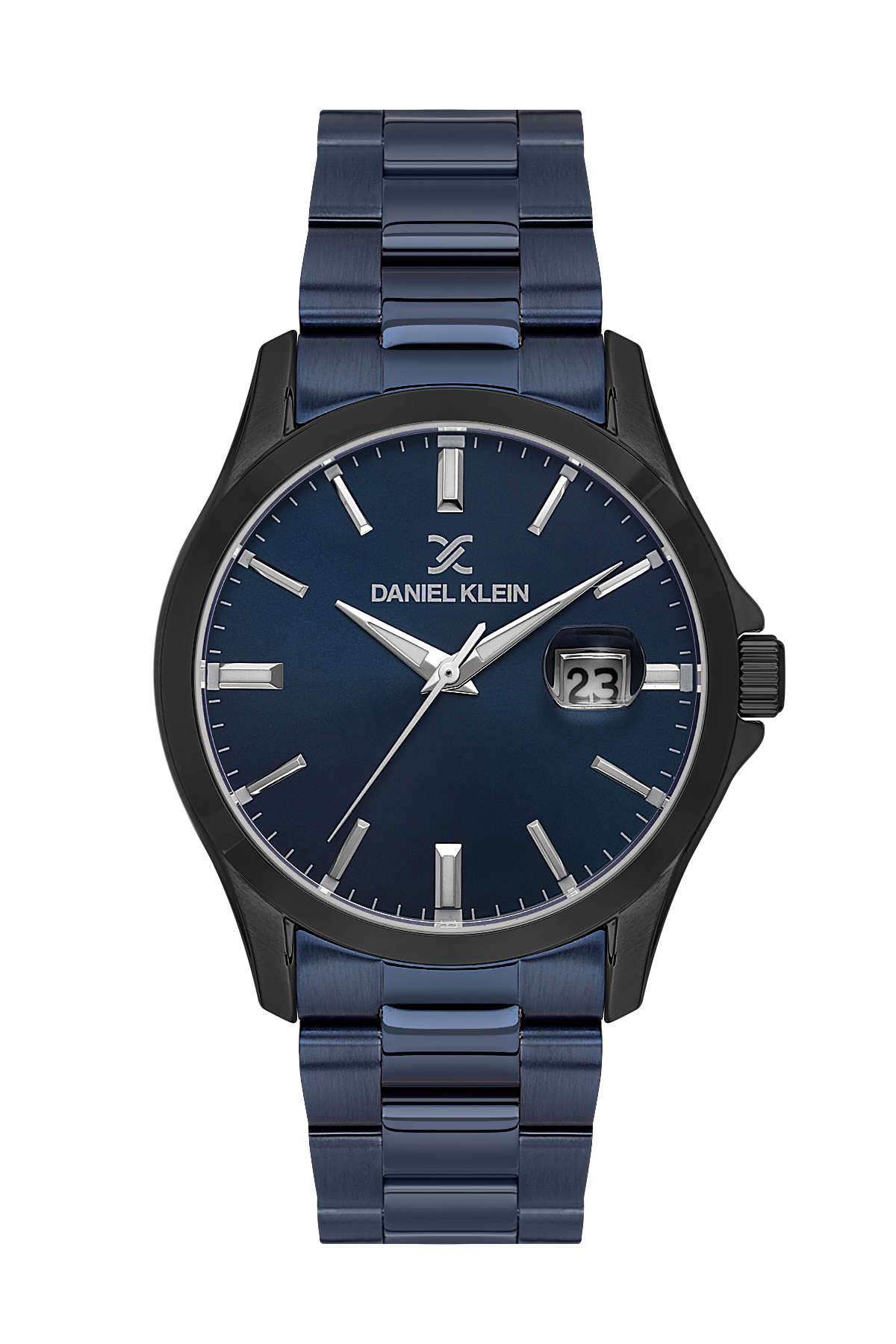 Blue watch with a metal strap on a white background
