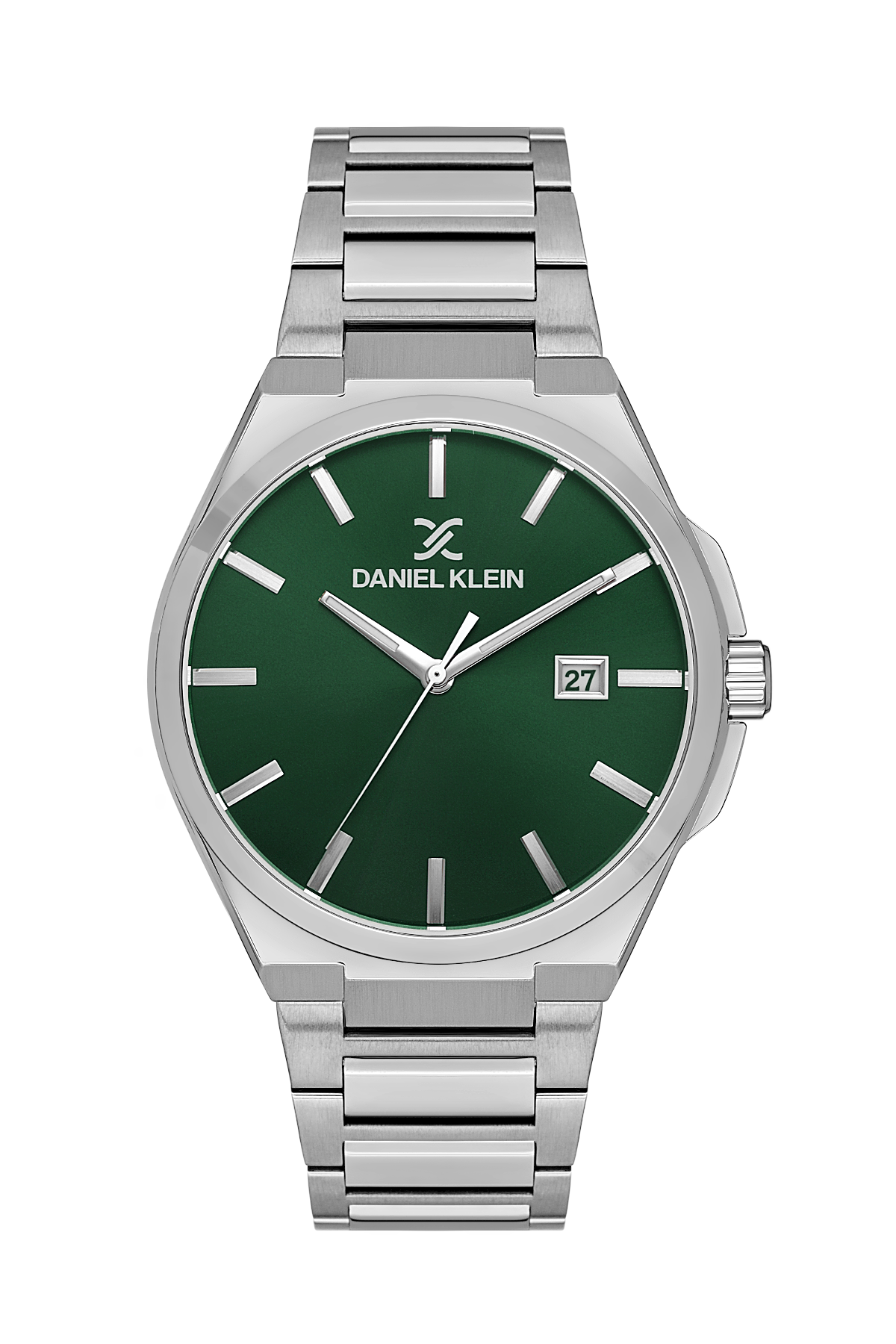 Daniel Klein watch with green dial and silver bracelet on a white background