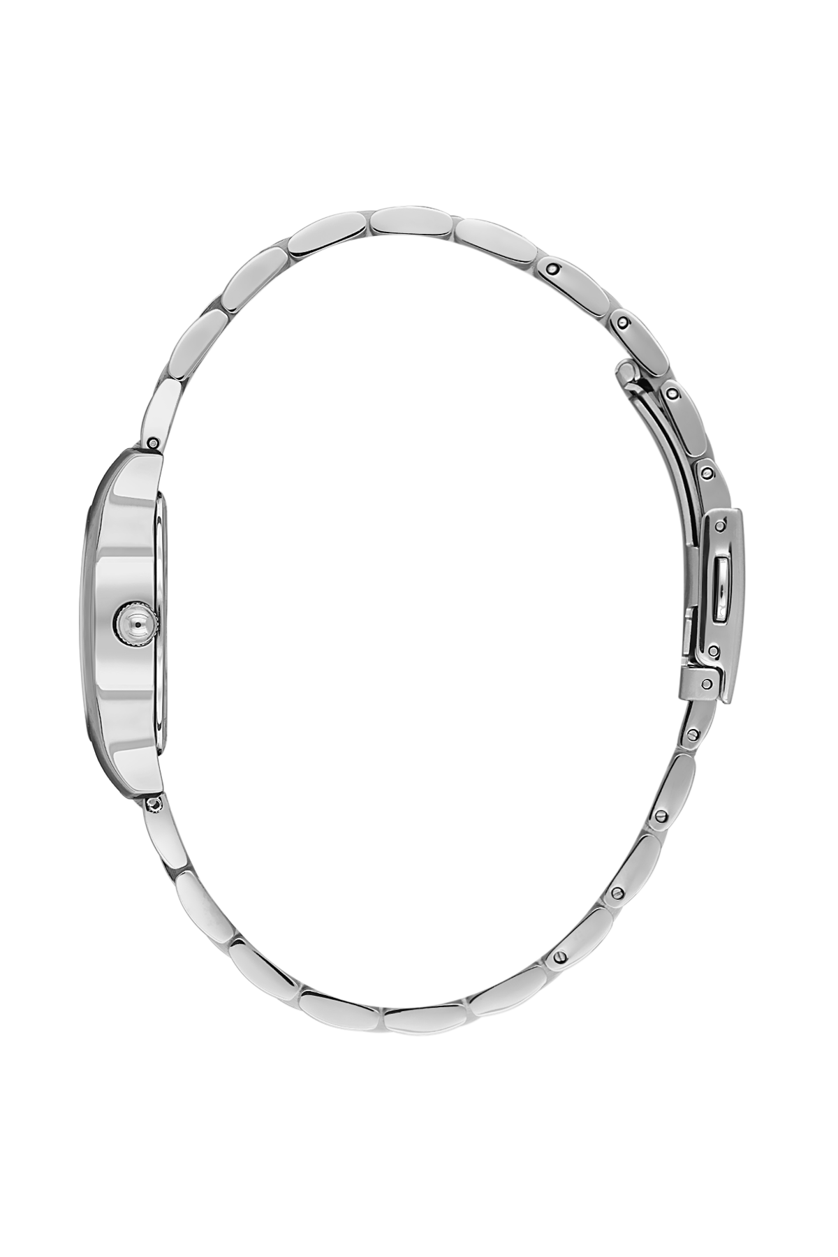 Silver watch with a beaded band on a white background