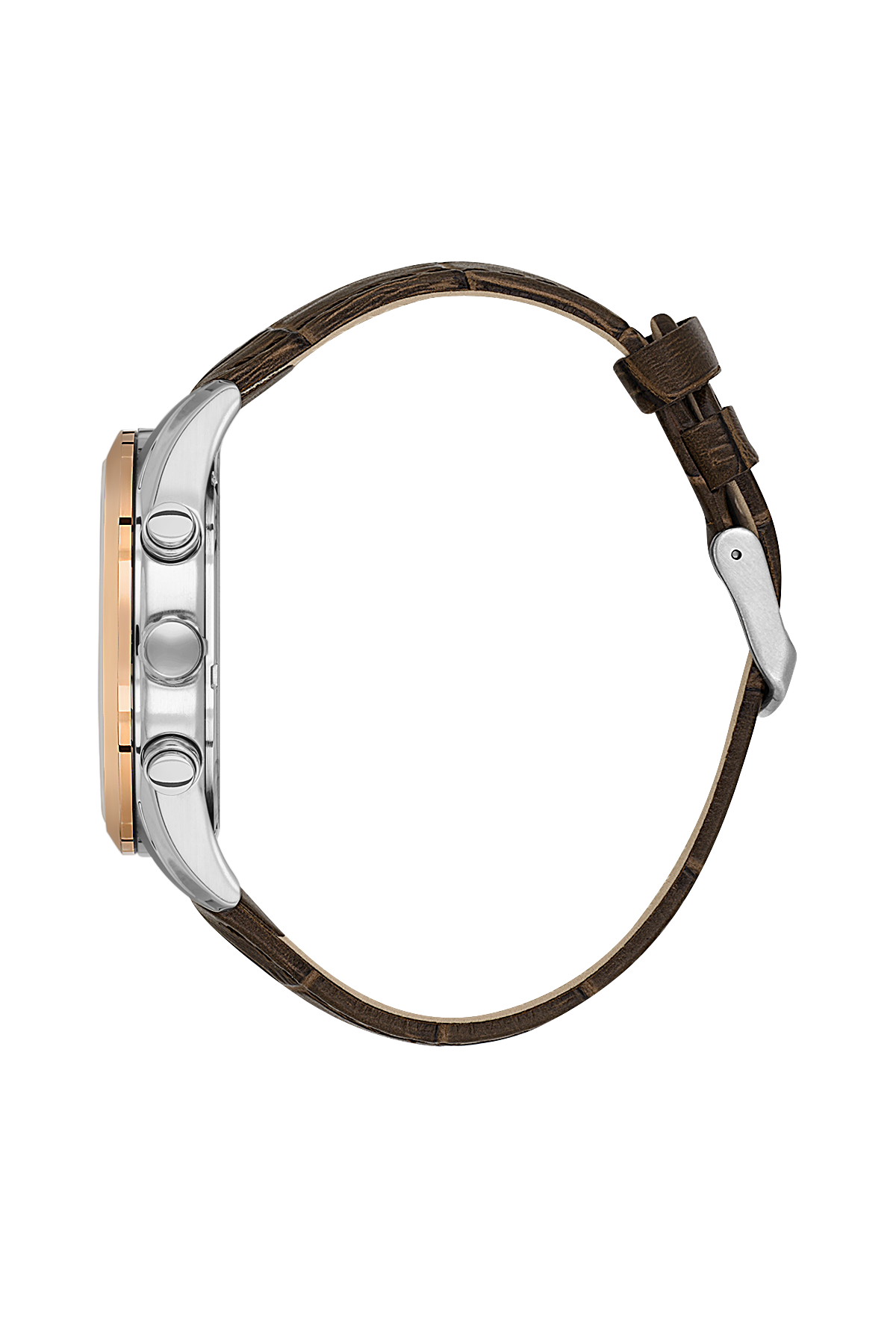 Close-up of a watch with a brown strap on a white background