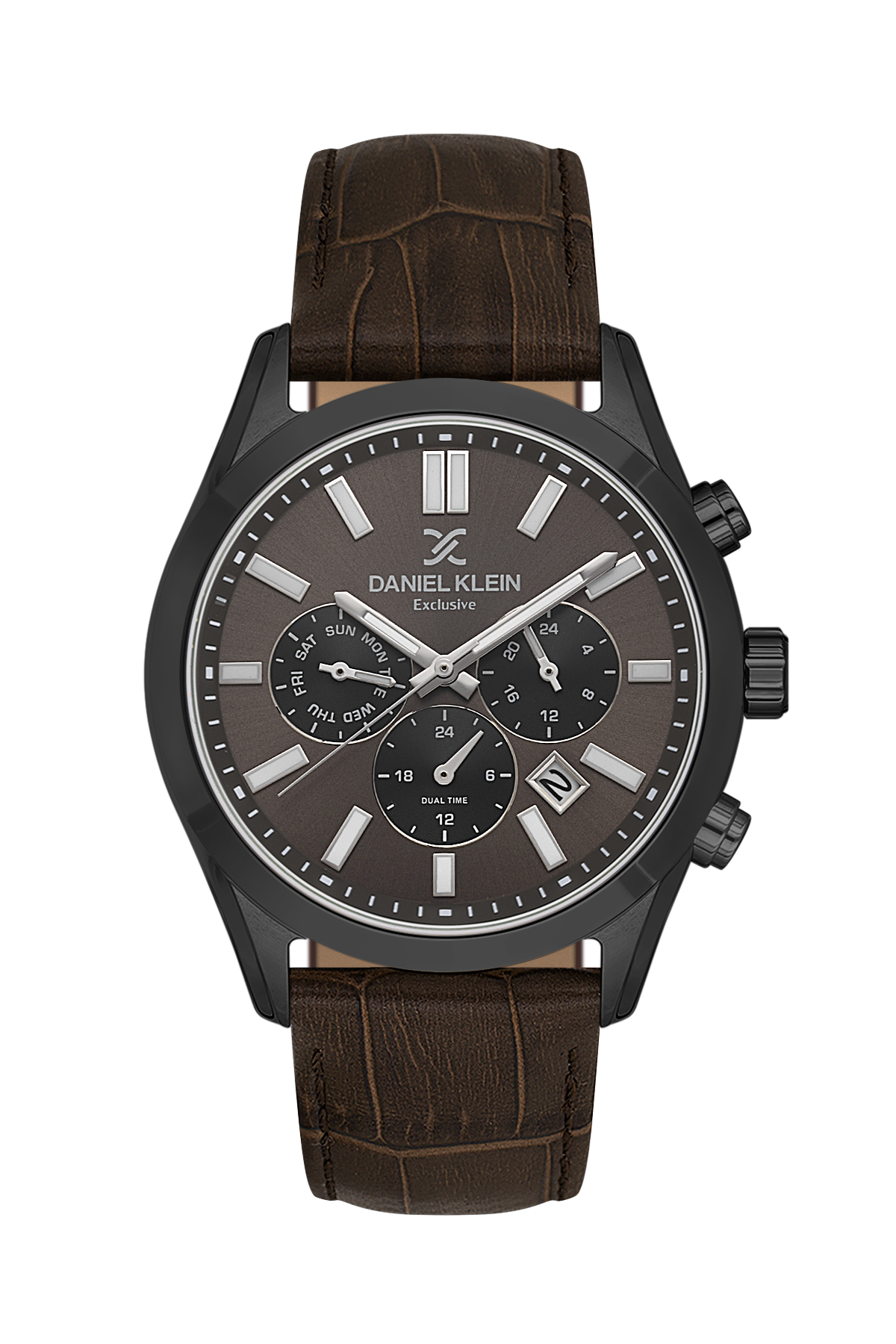 Brown wristwatch with a detailed face on a white background