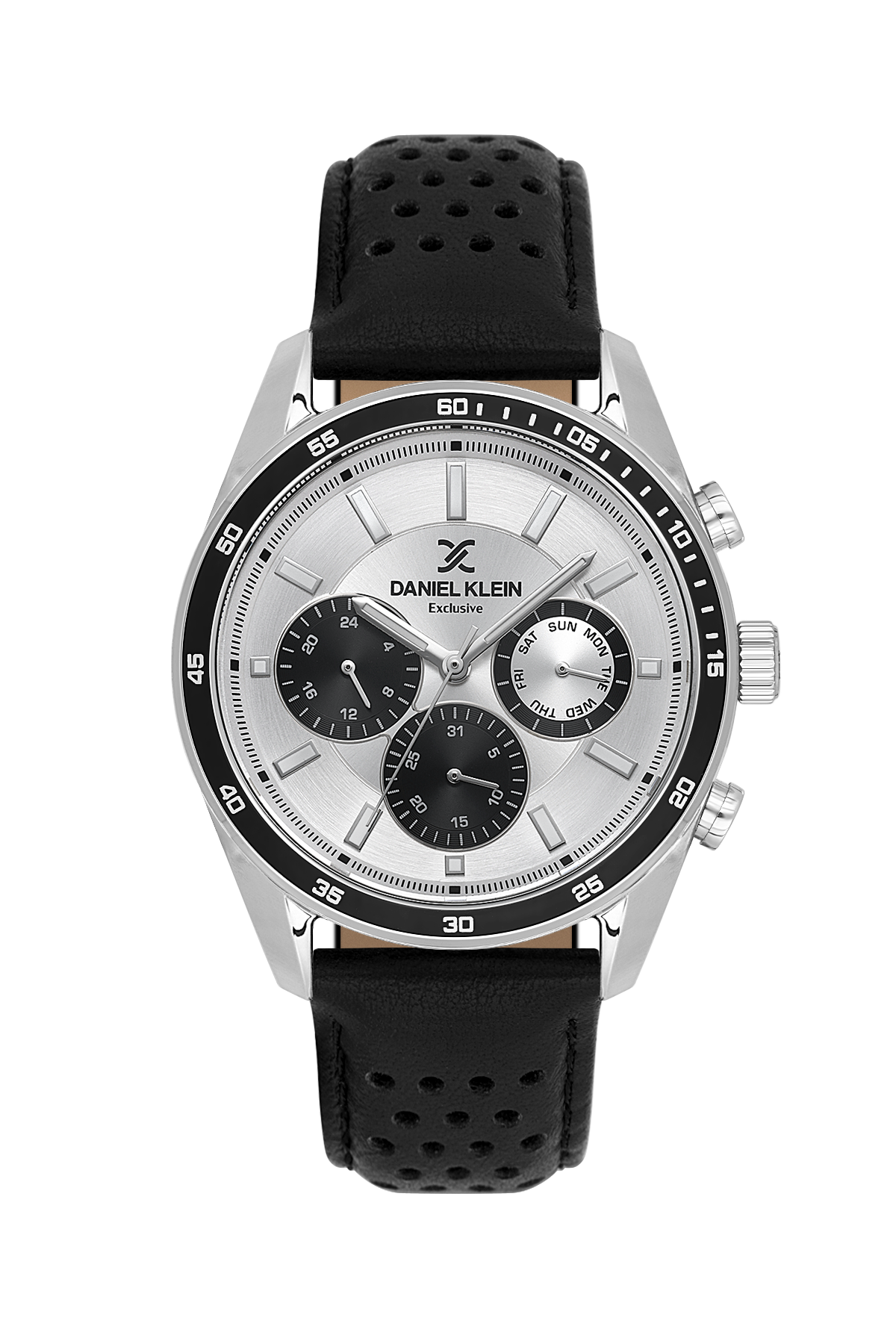 Daniel Klein watch with black strap and silver case on a white background