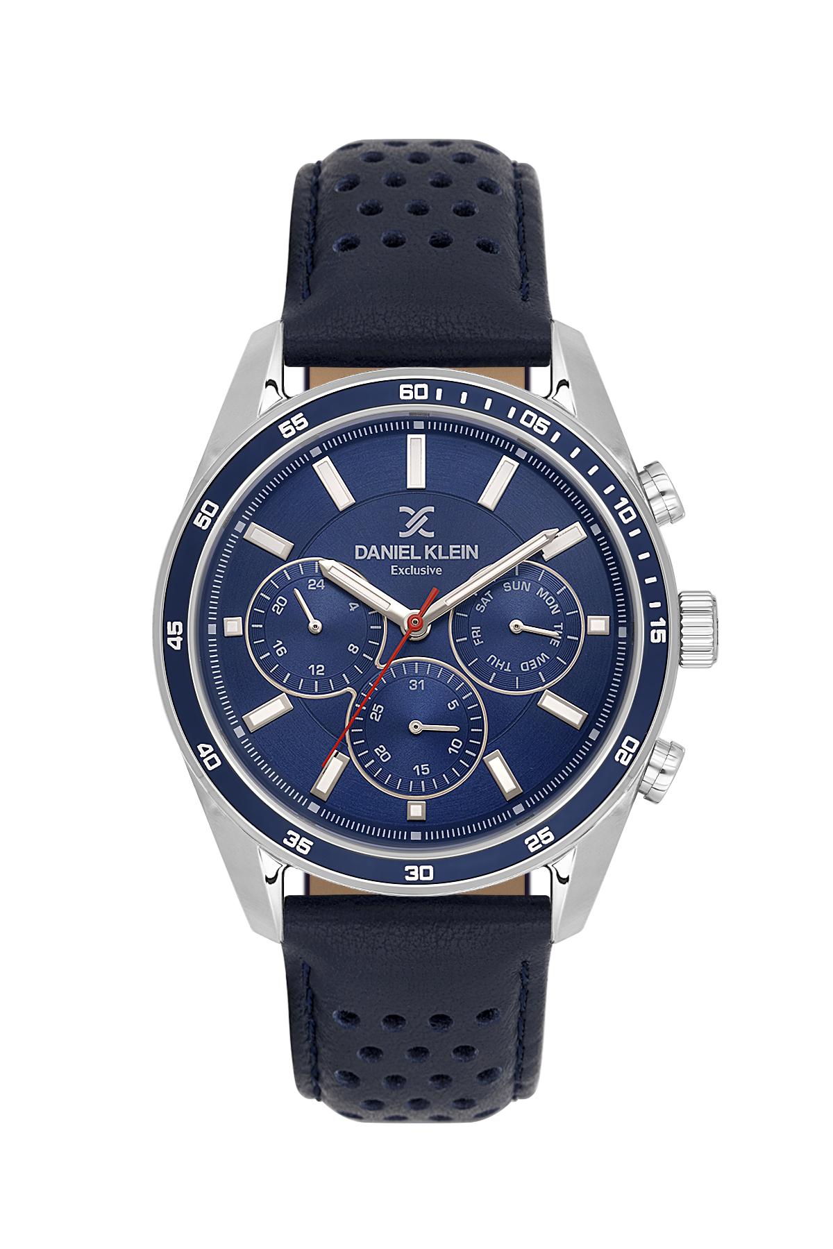Wristwatch with blue dial and navy leather strap on a white background